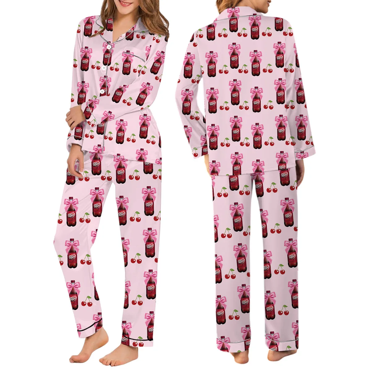 Dr Pepper Coquette With Cherries Satin Pajamas Set