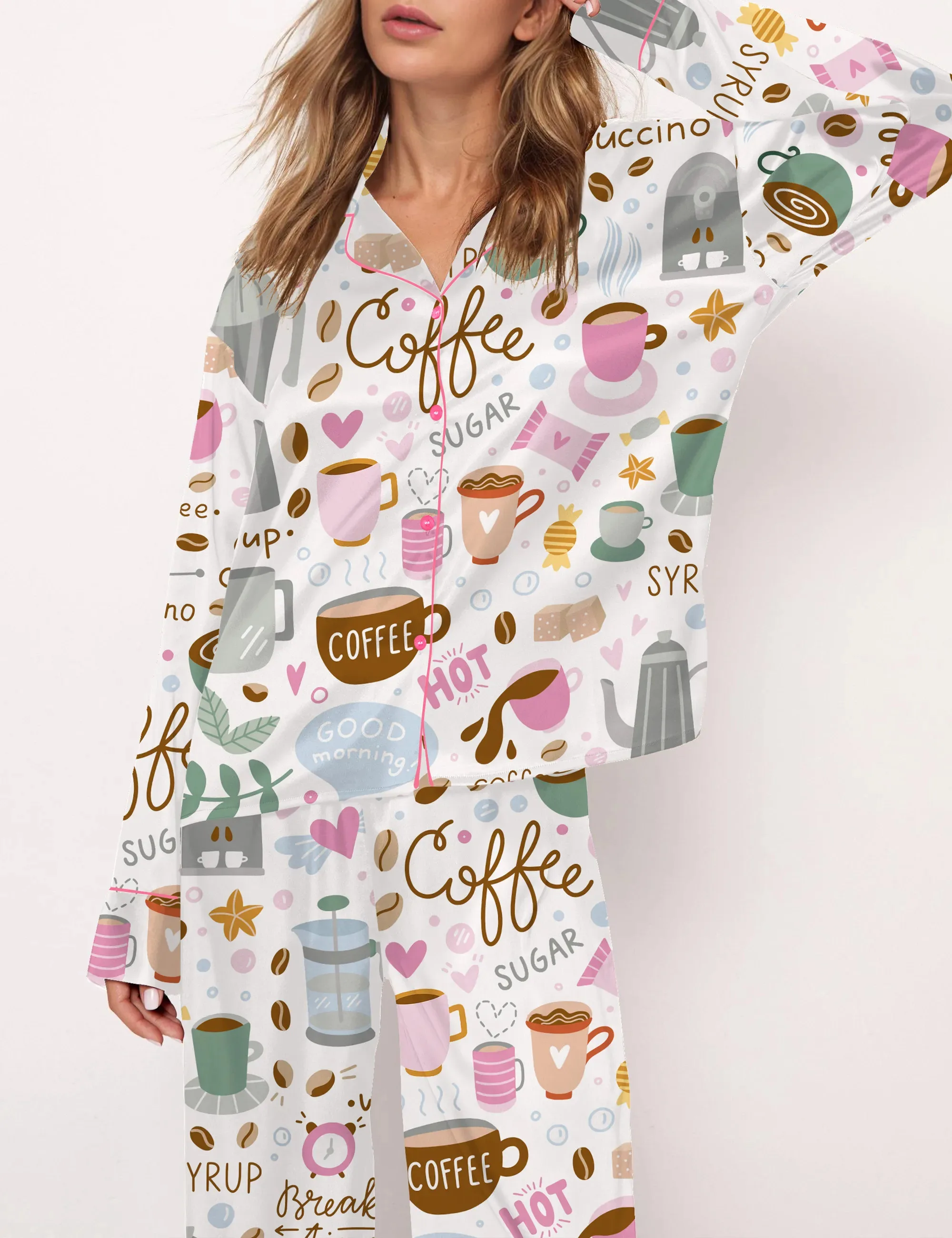 Drink Coffee Silky Satin Pajama Set For Women