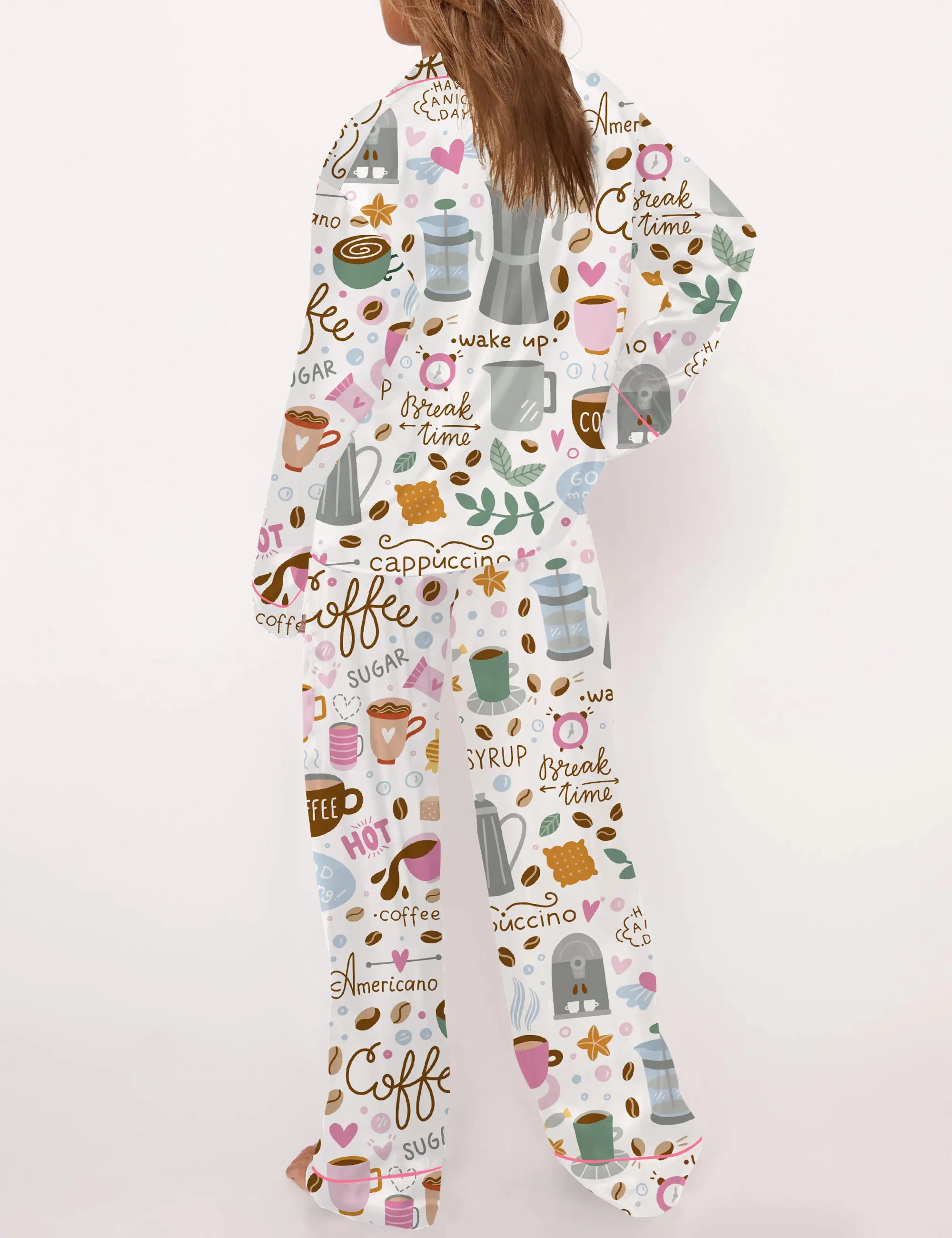 Drink Coffee Silky Satin Pajama Set For Women