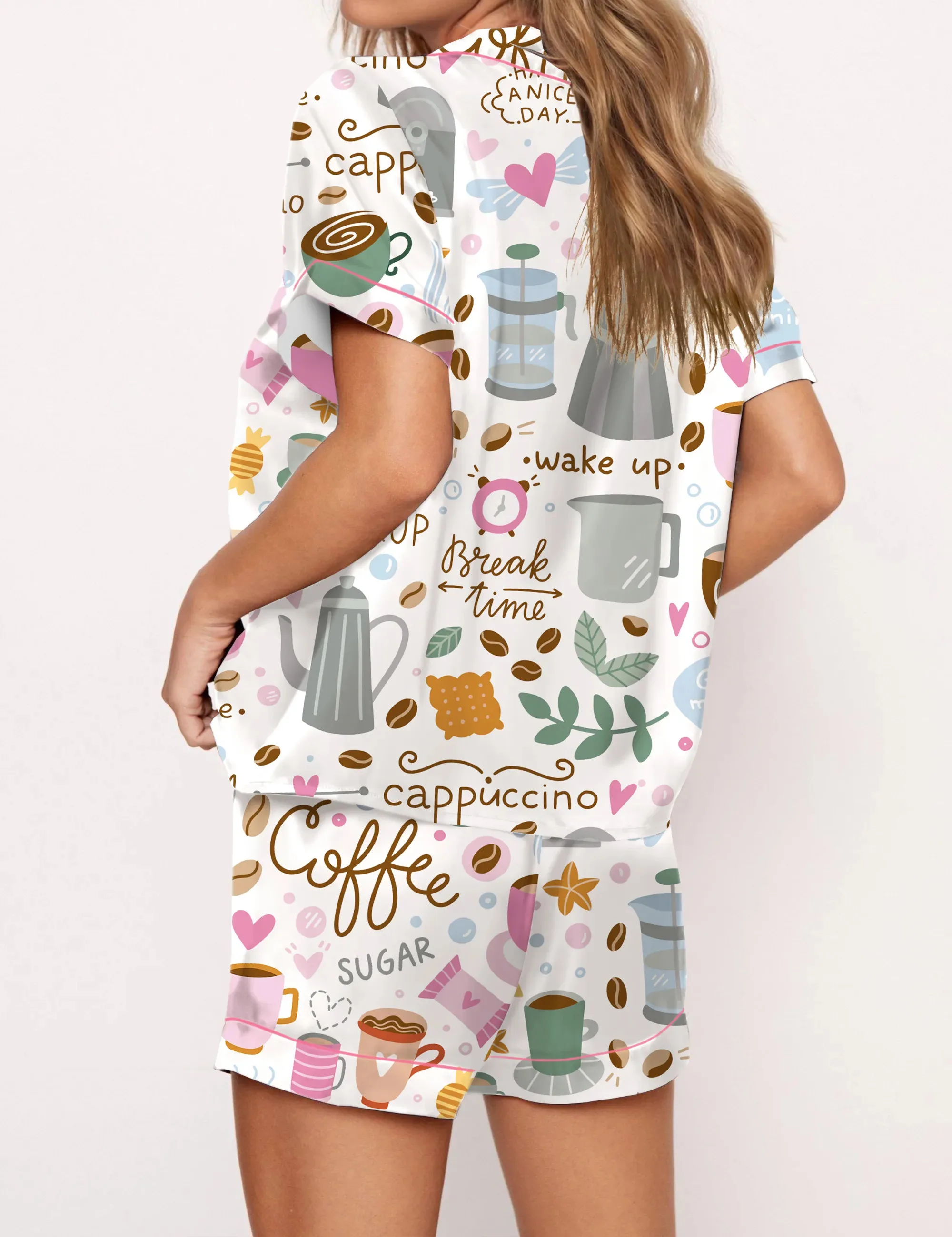 Drink Coffee Silky Satin Pajama Set For Women