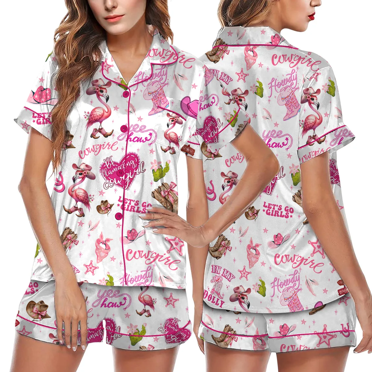 Flamingo Cowgirl Satin Pajama Set For Women