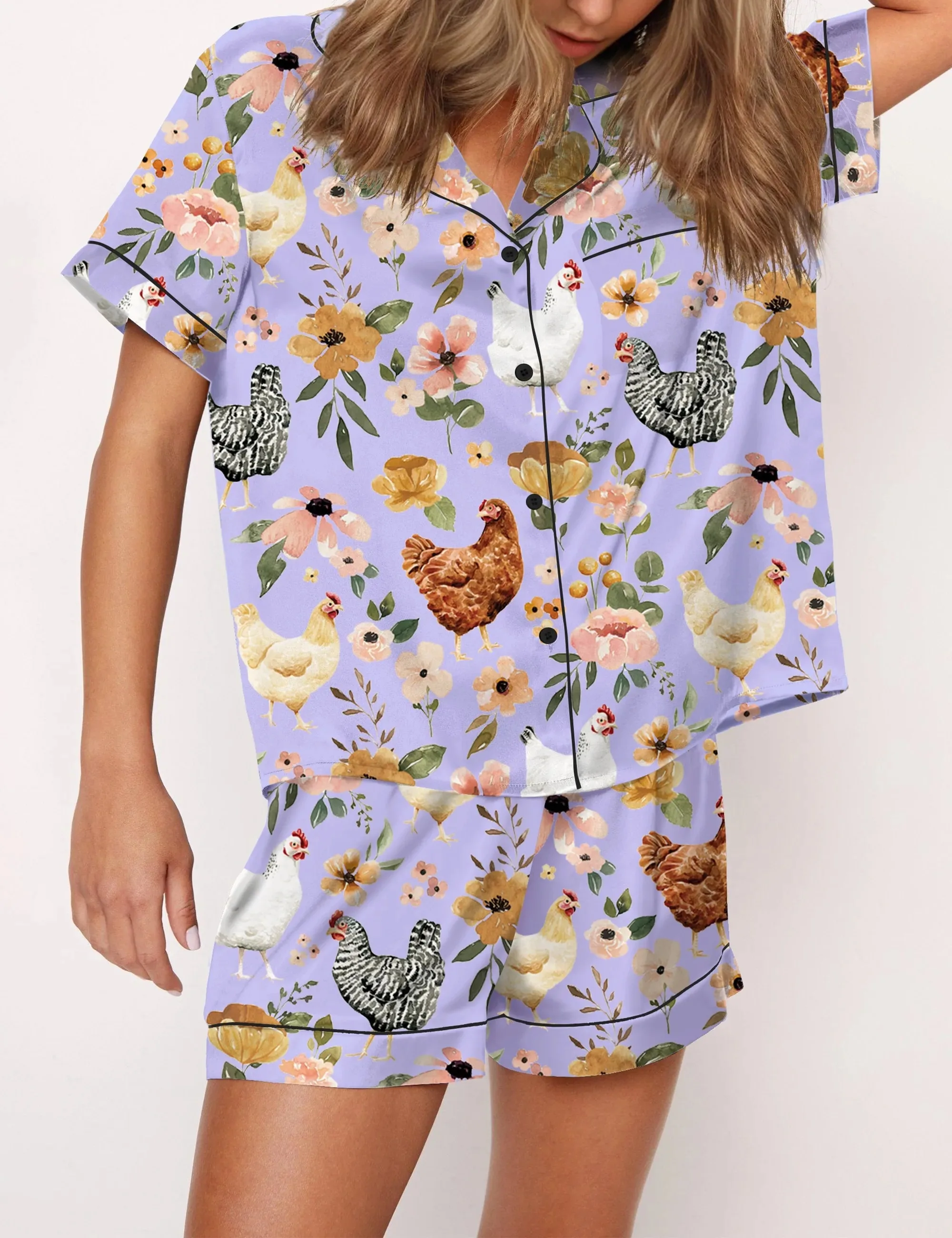 Floral Chickens Silk Satin Pajama Set For Women