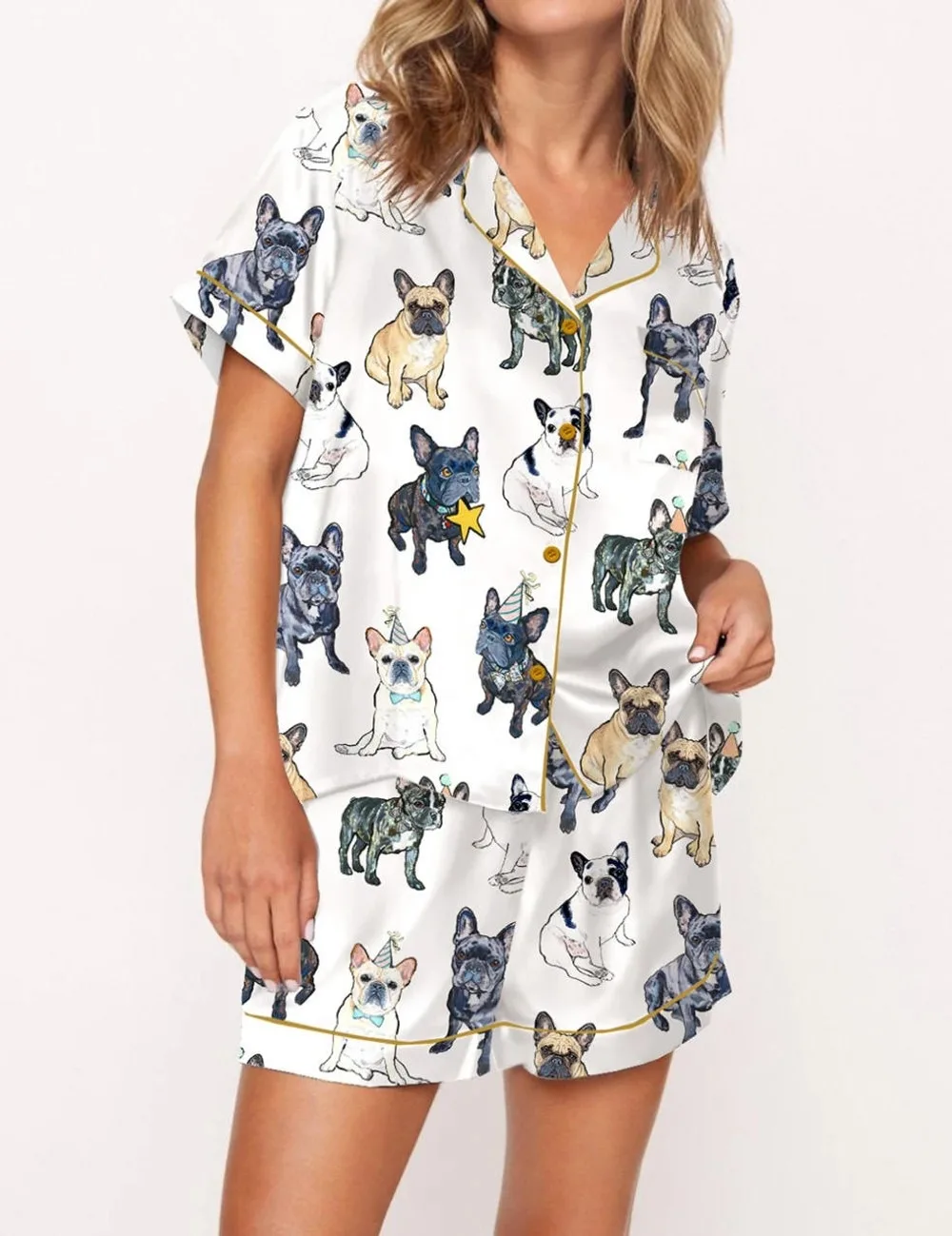 French Bulldog Silk Pajama Set For Women