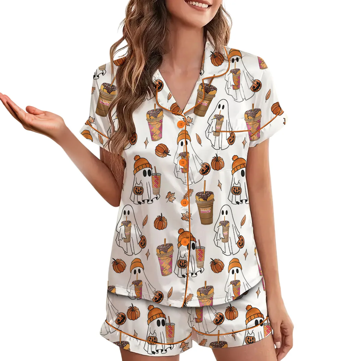 Ghost Pumpkin Satin Pajamas Set For Women