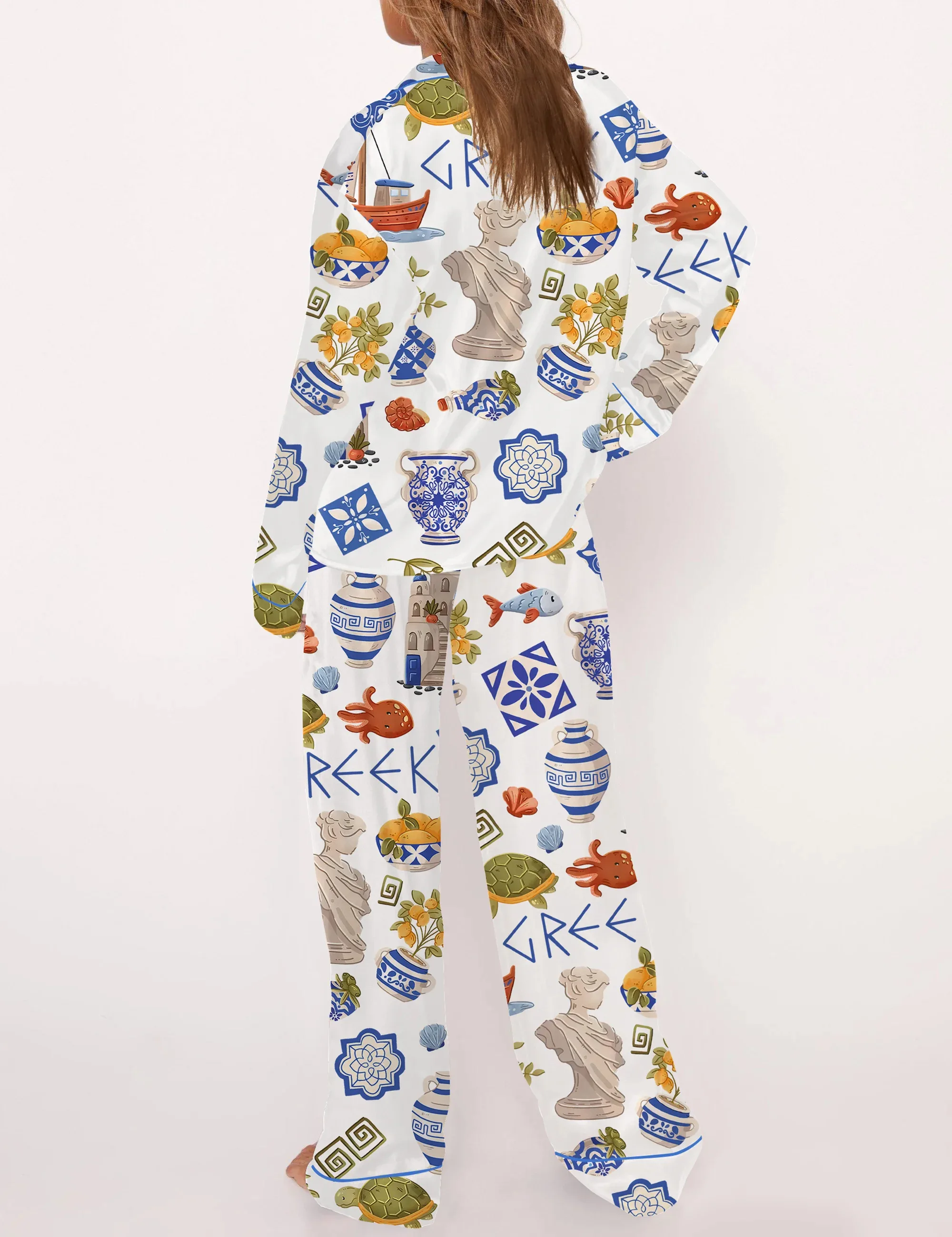 Greece Travel Silk Satin Pajama Set For Women