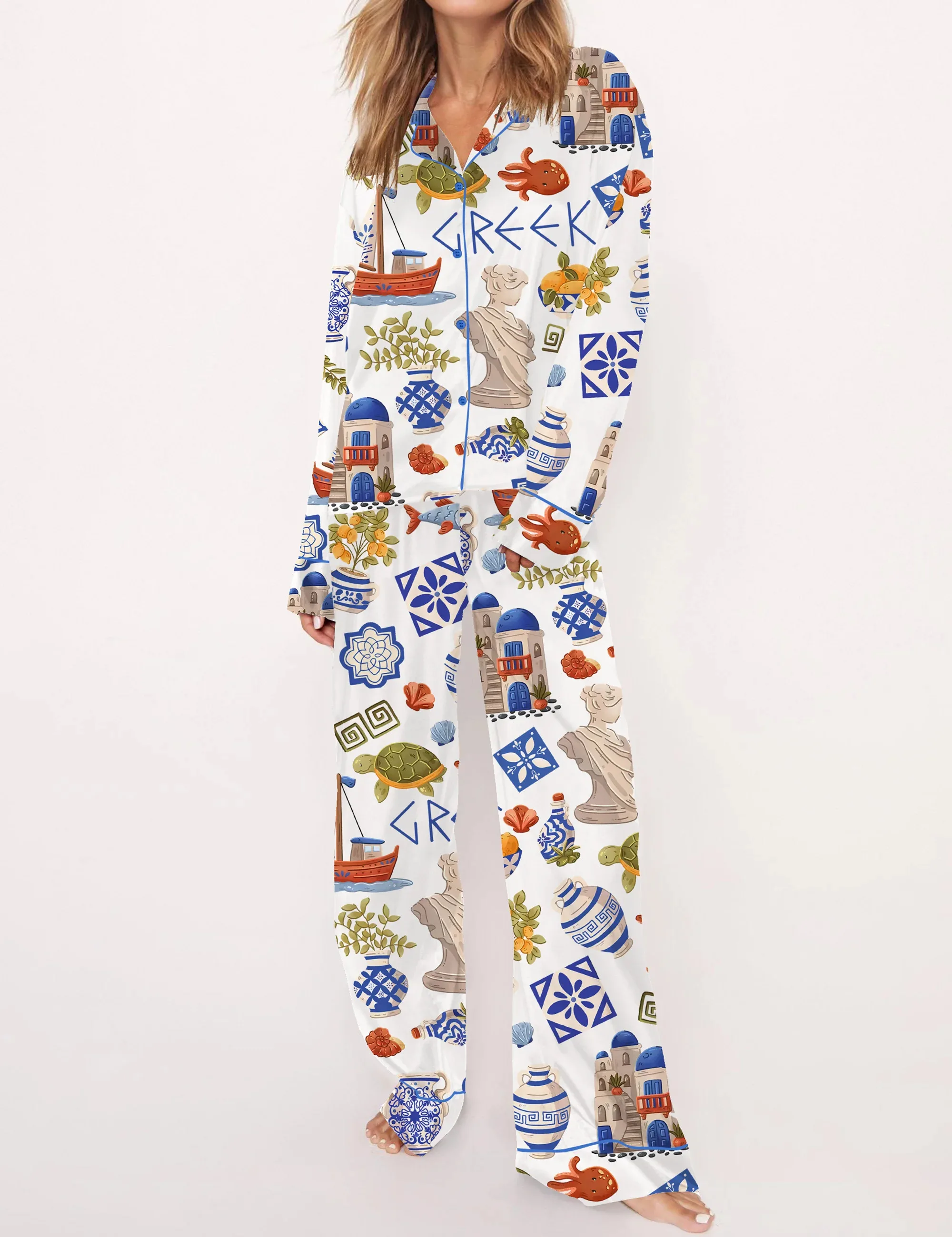 Greece Travel Silk Satin Pajama Set For Women