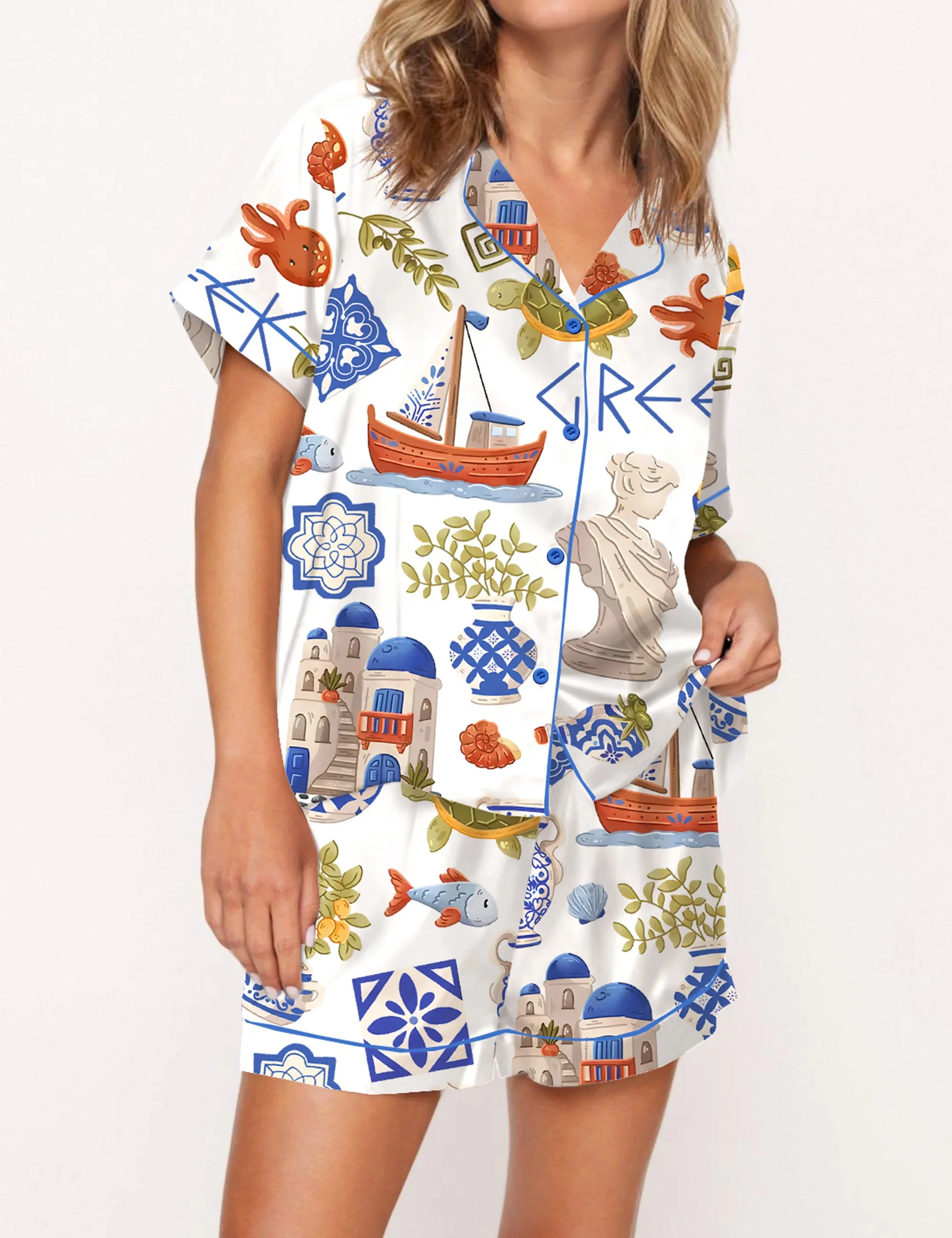 Greece Travel Silk Satin Pajama Set For Women