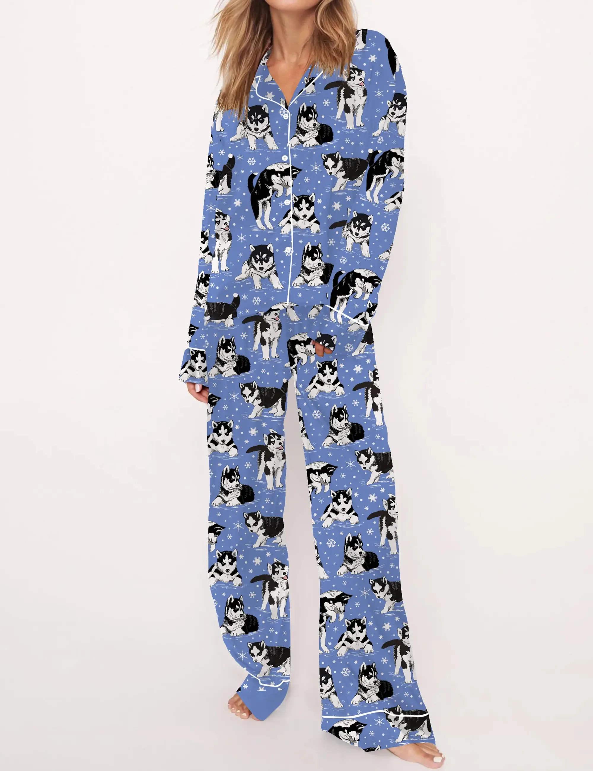 Husky Dog And Snowflakes Silk Satin Pajama Set For Women