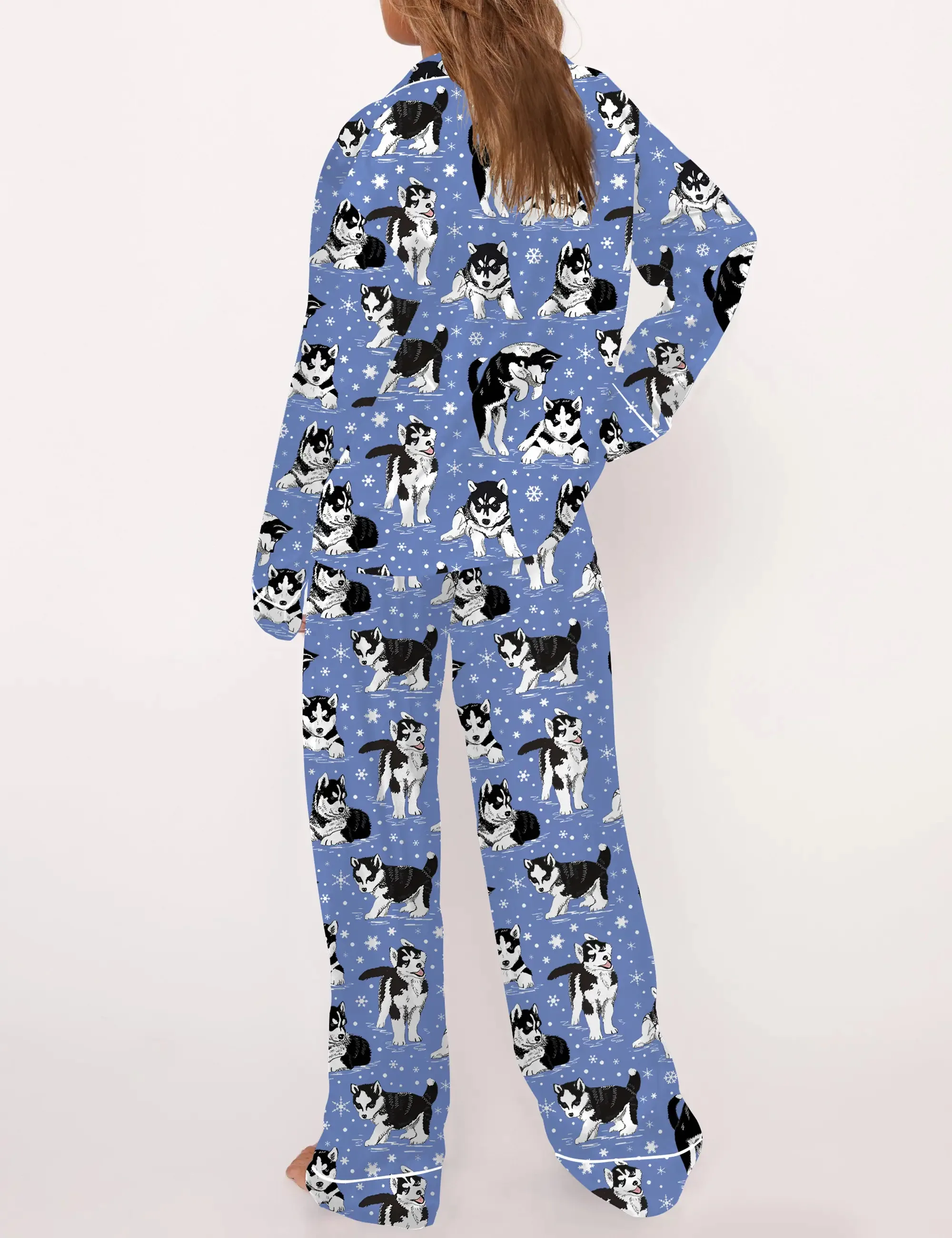 Husky Dog And Snowflakes Silk Satin Pajama Set For Women