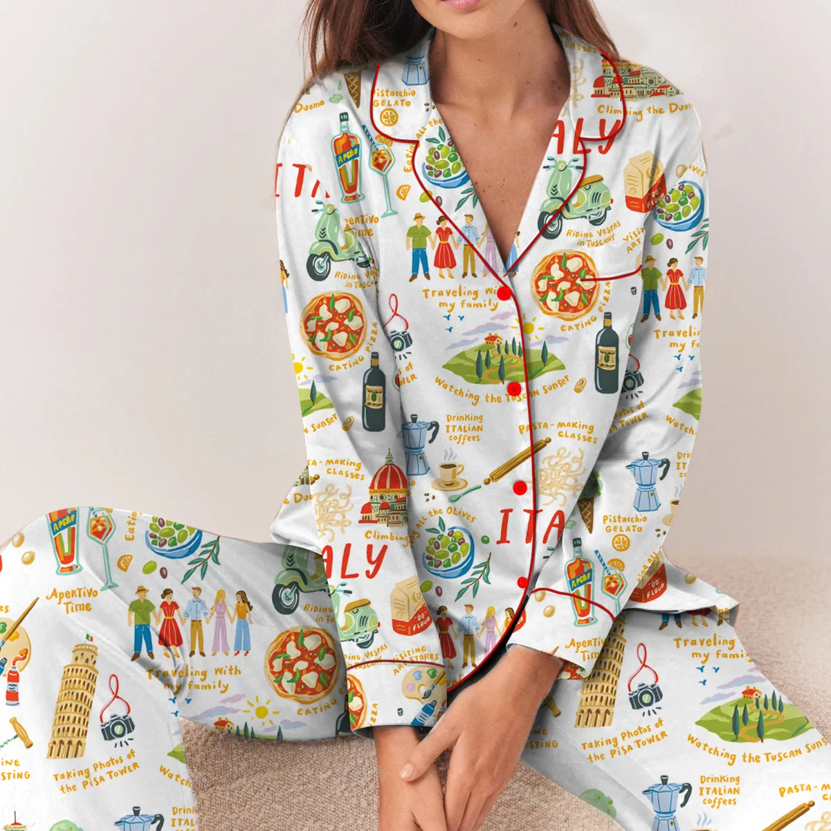 Italian Vacation Silky Satin Pajama Set For Women