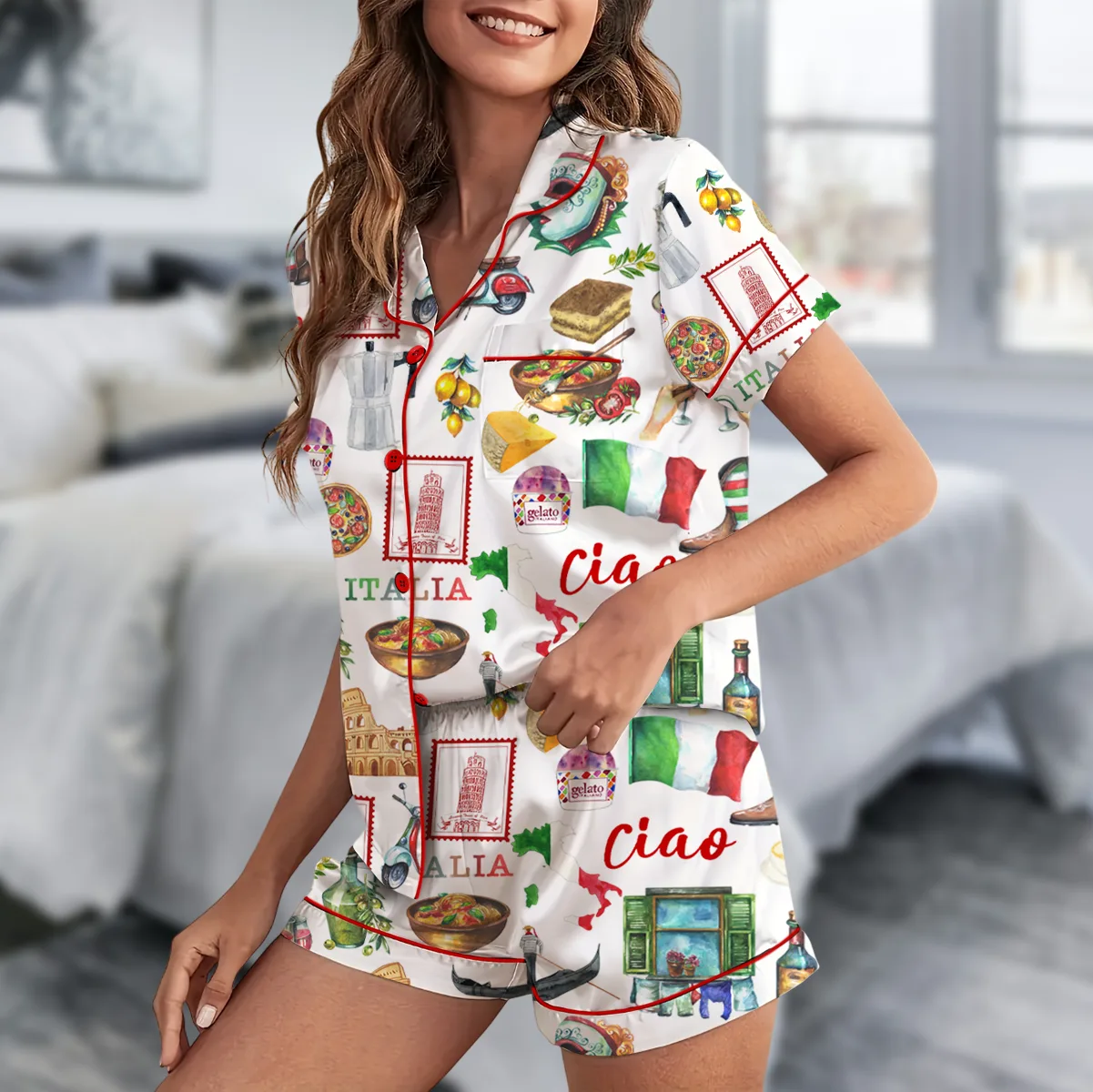 Italy Roman Travel Satin Pajamas Set For Women