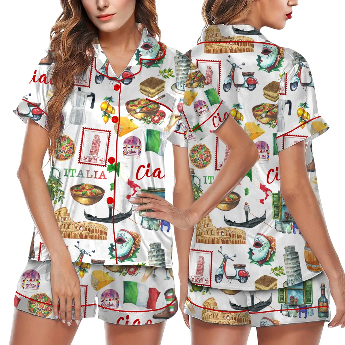Italy Roman Travel Satin Pajamas Set For Women