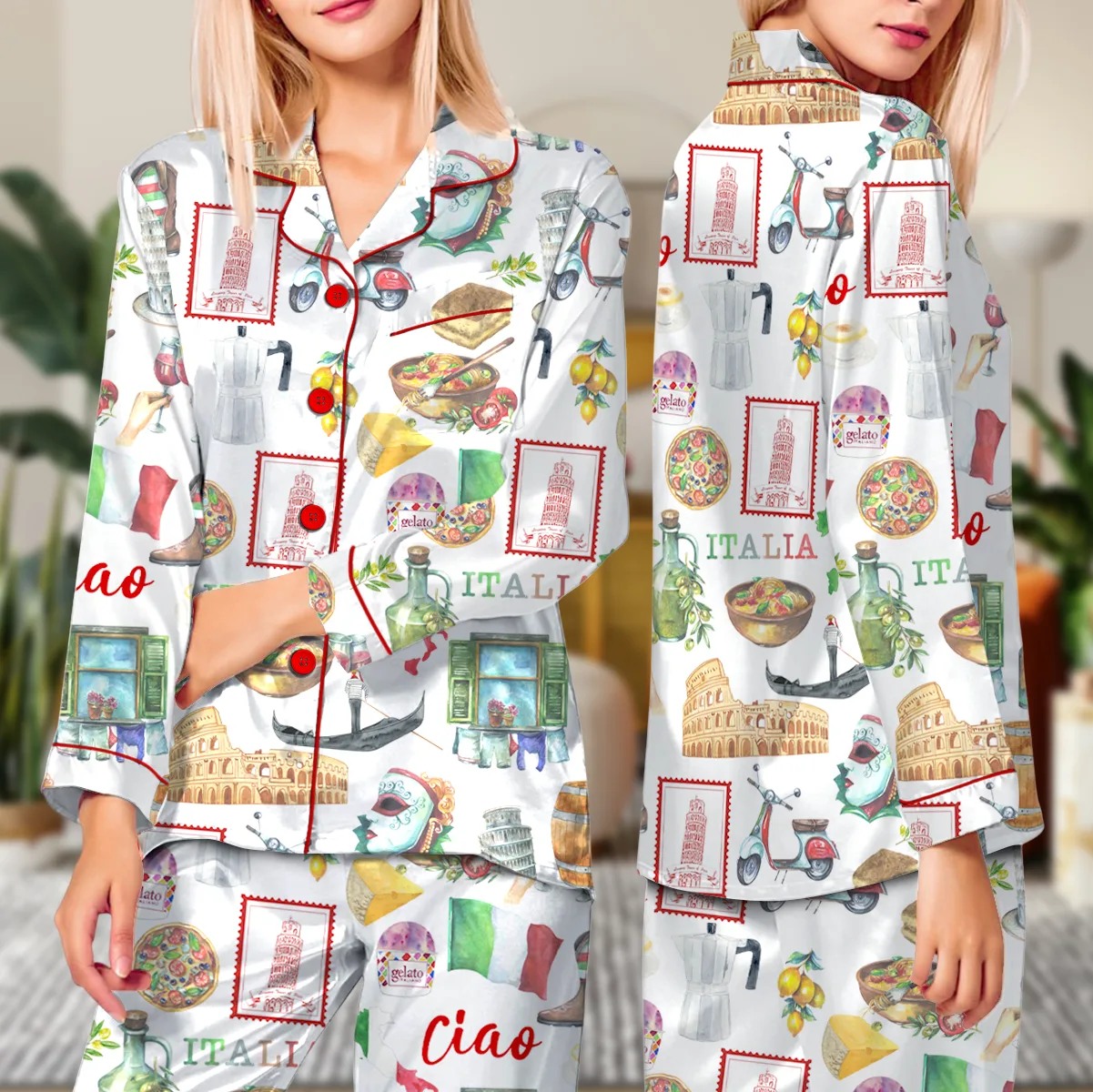 Italy Roman Travel Satin Pajamas Set For Women