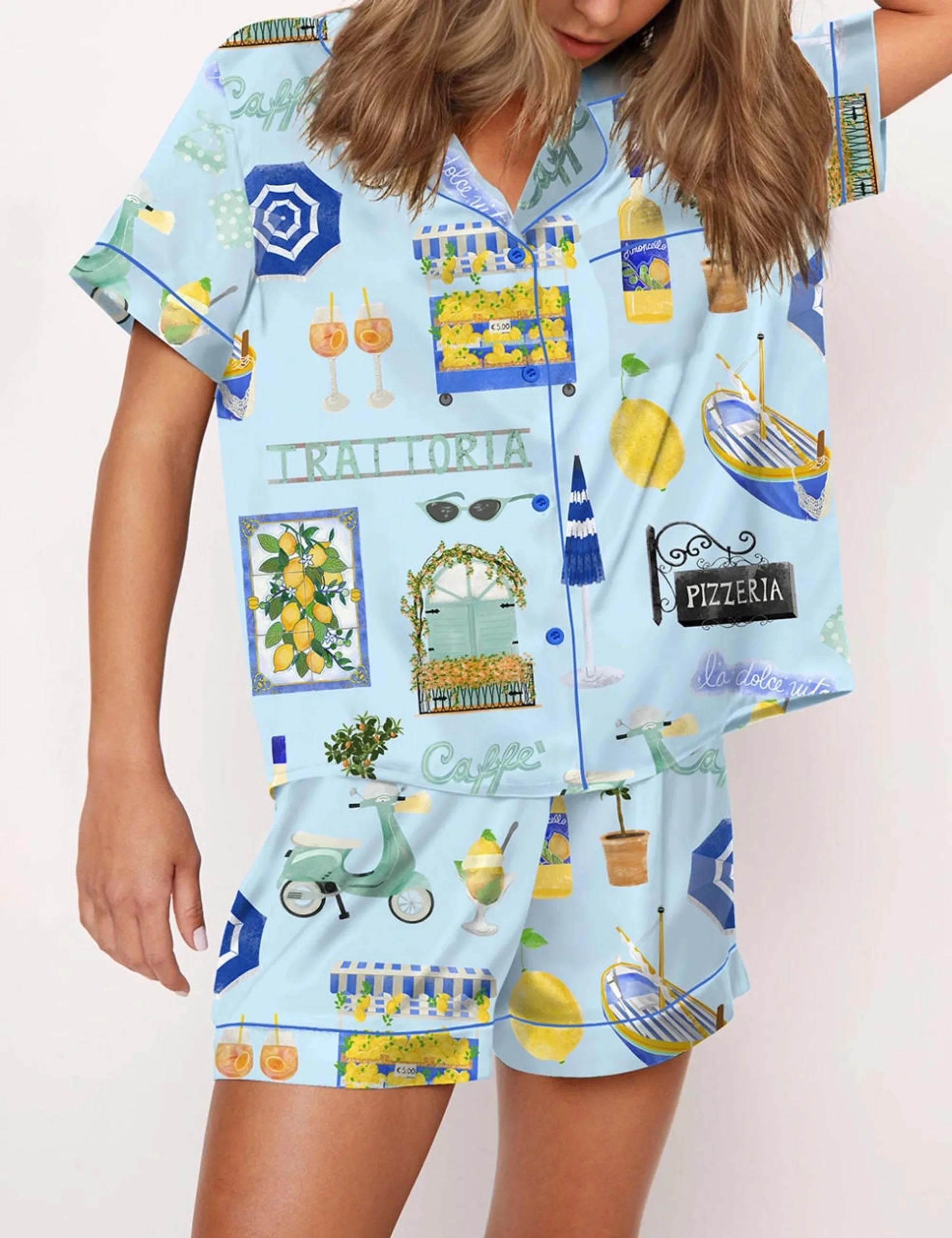 Italy Vacation Silk Satin Pajama Set For Women