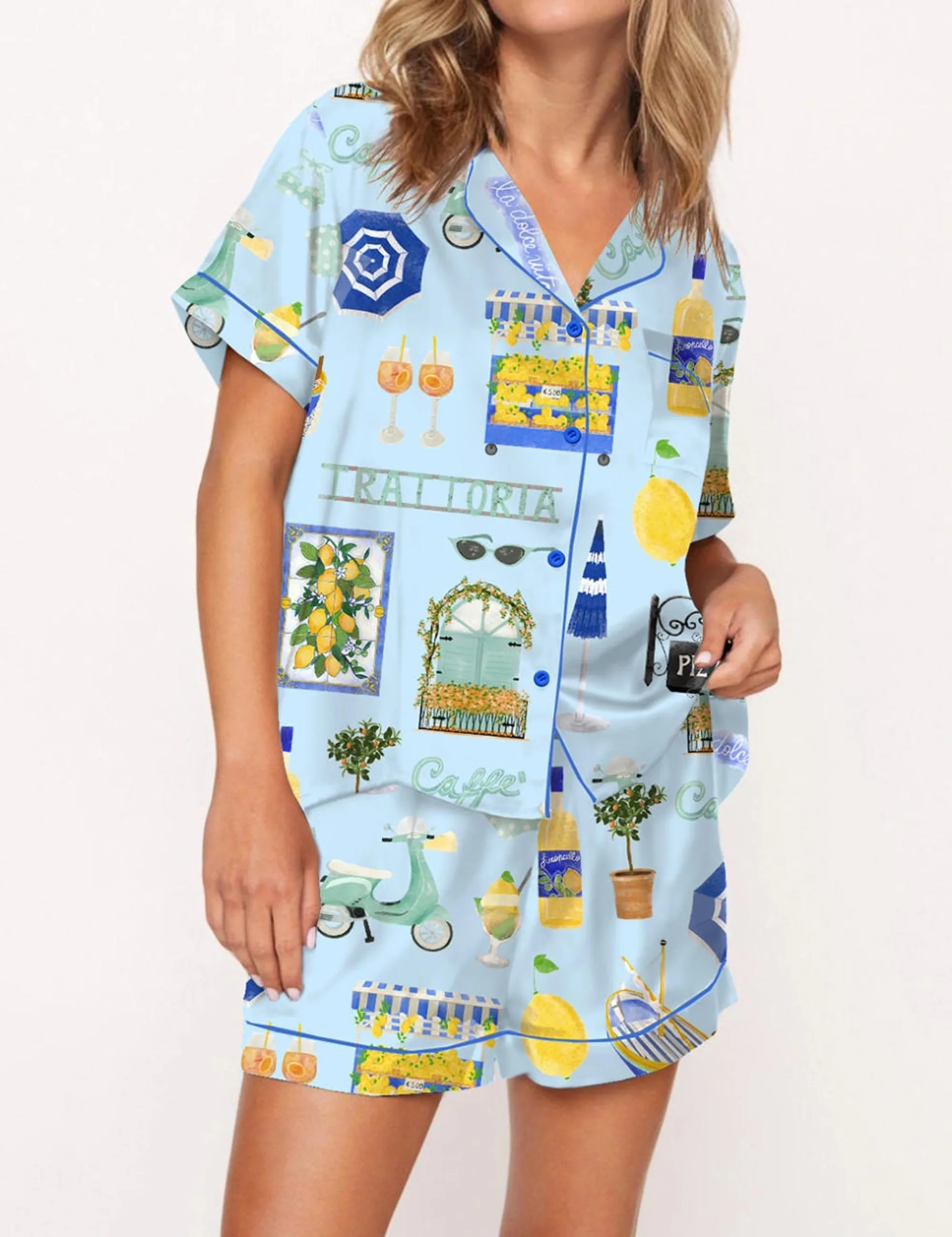 Italy Vacation Silk Satin Pajama Set For Women
