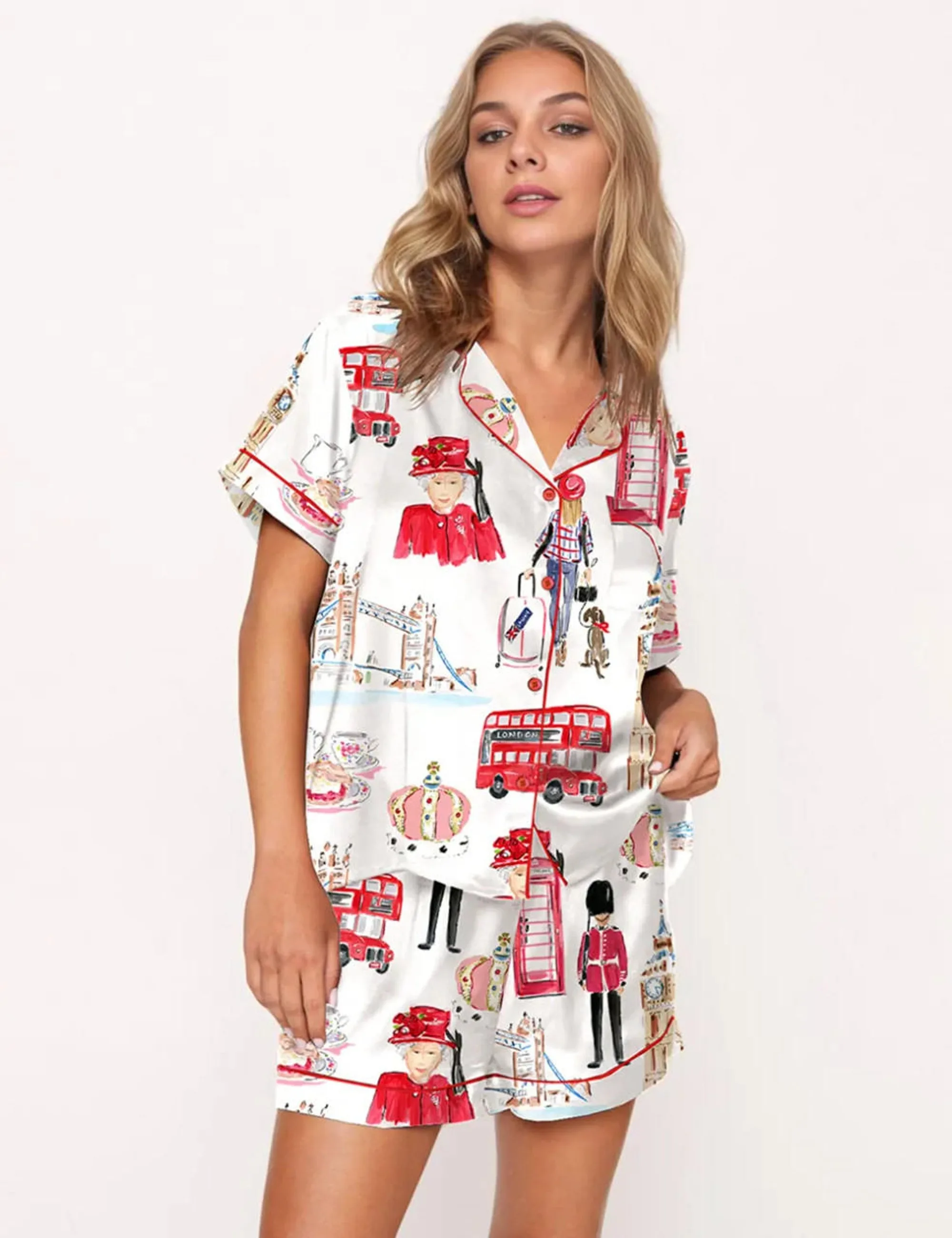 London Travel Watercolor Silk Satin Pajama Set For Women