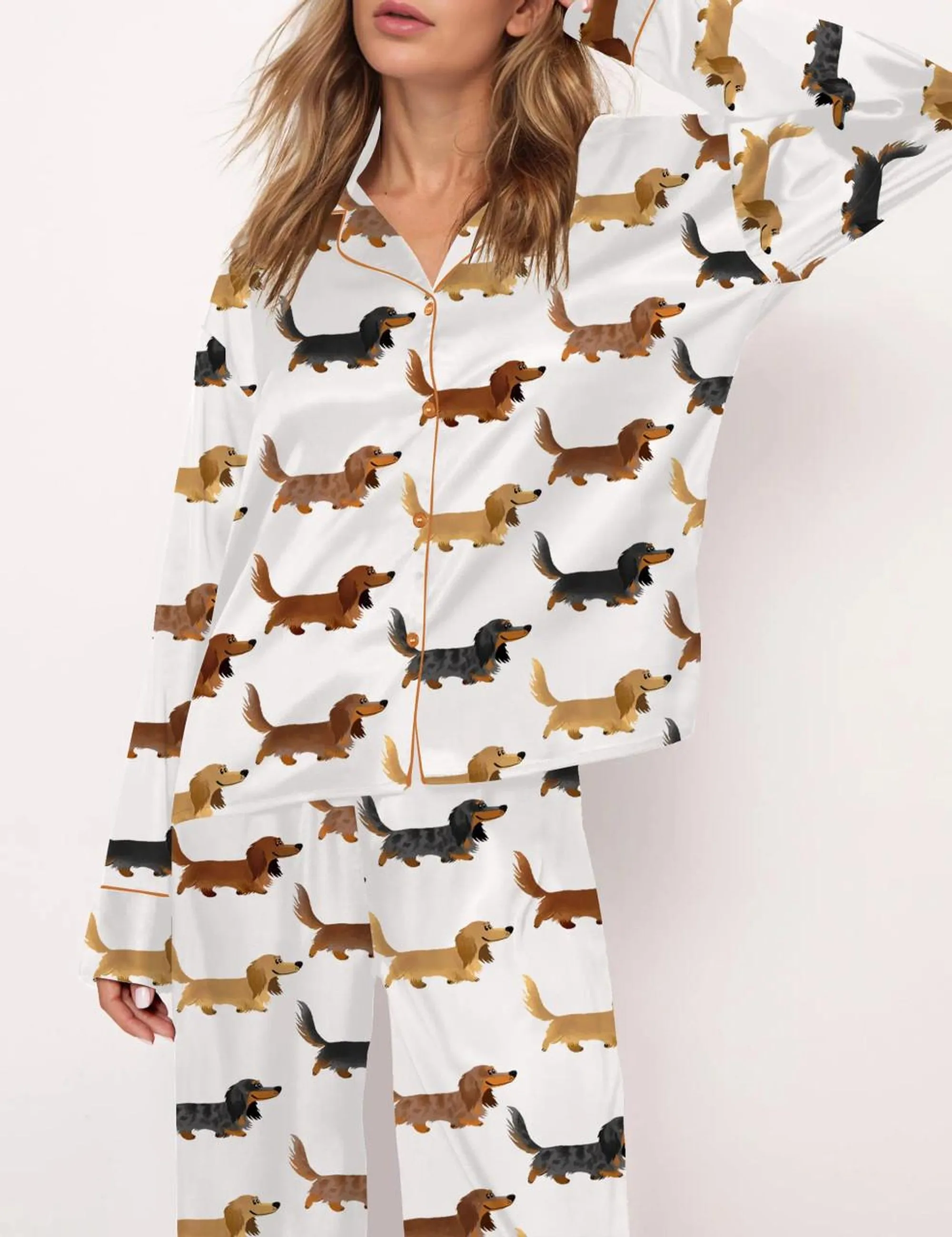 Longhaired Dachshund Print Silk Satin Pajama Set