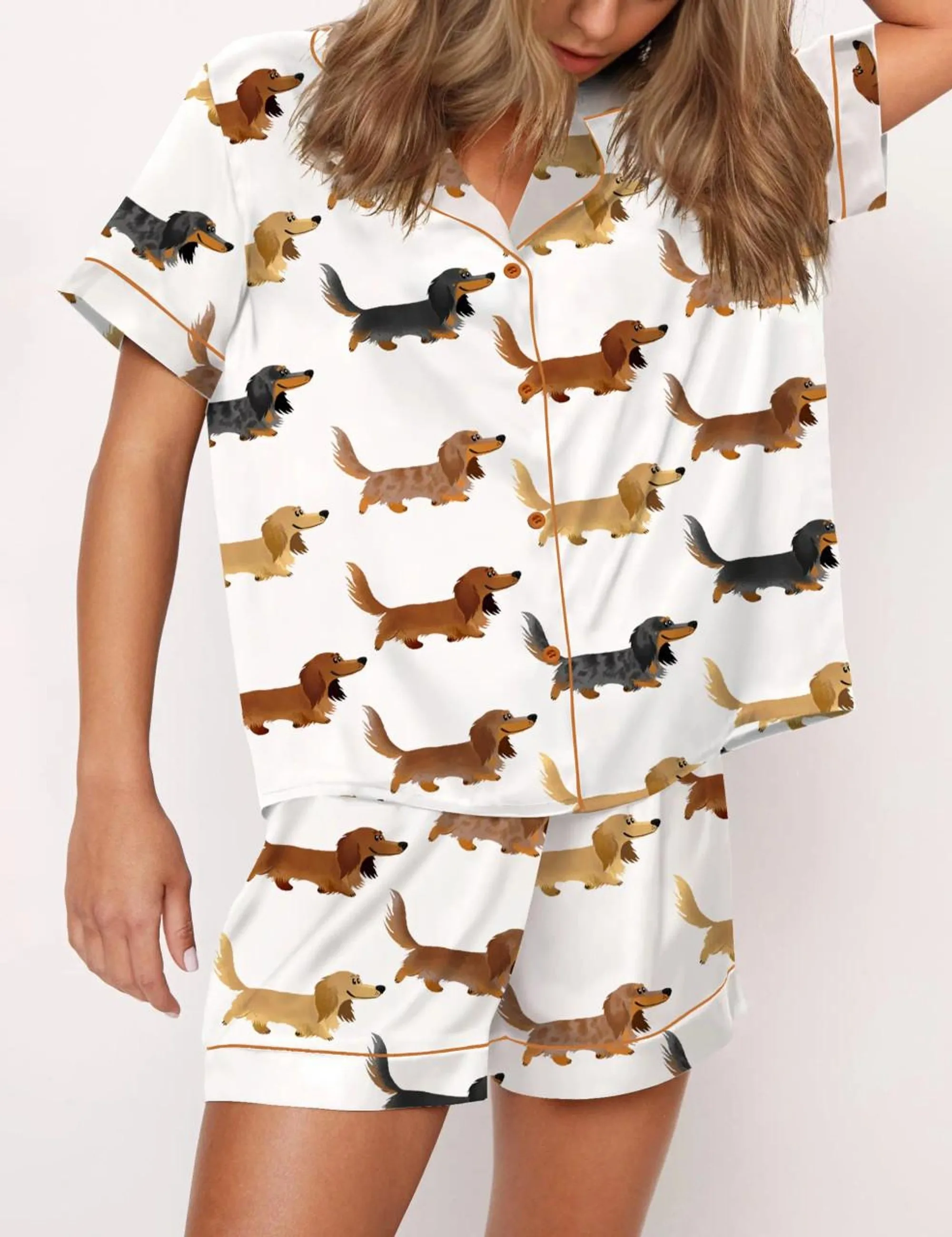 Longhaired Dachshund Print Silk Satin Pajama Set