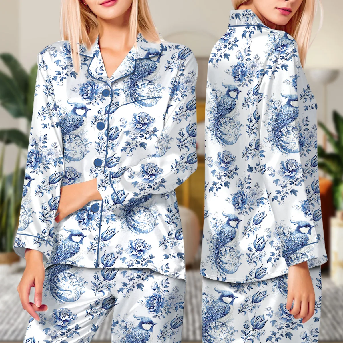 Chinoiserie Flower Clipart Watercolor Satin Pajamas Set