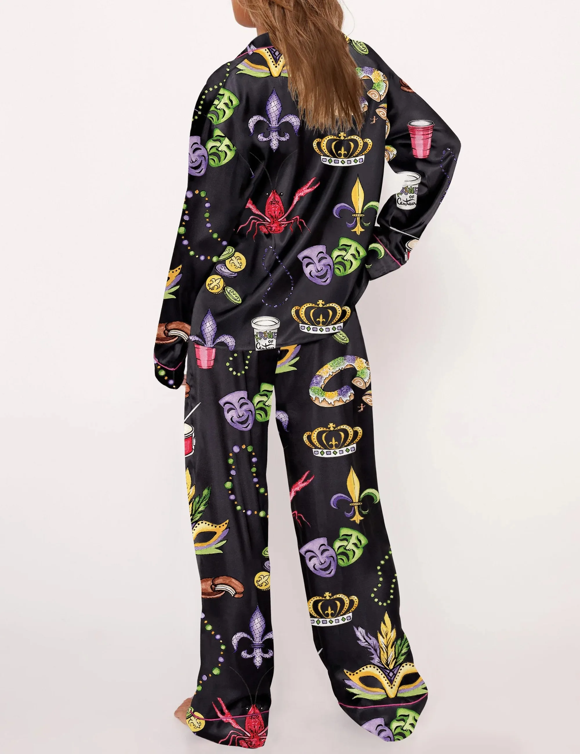 Mardi Gras Beads King Cake Crawfish Satin Pajama Set