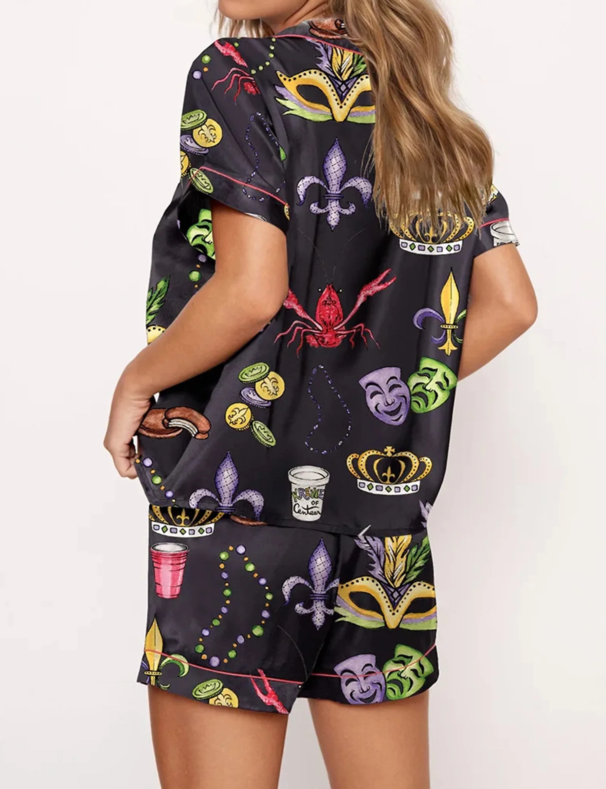 Mardi Gras Beads King Cake Crawfish Satin Pajama Set