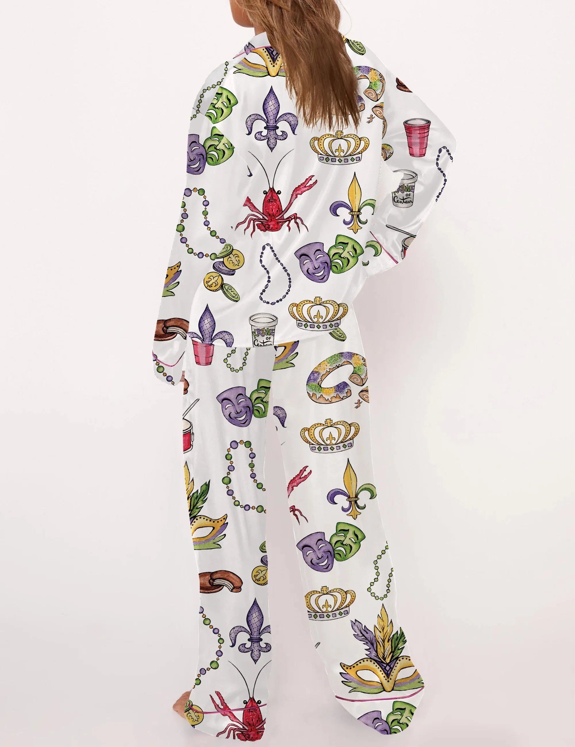 Mardi Gras Beads King Cake Crawfish Satin Pajama Set