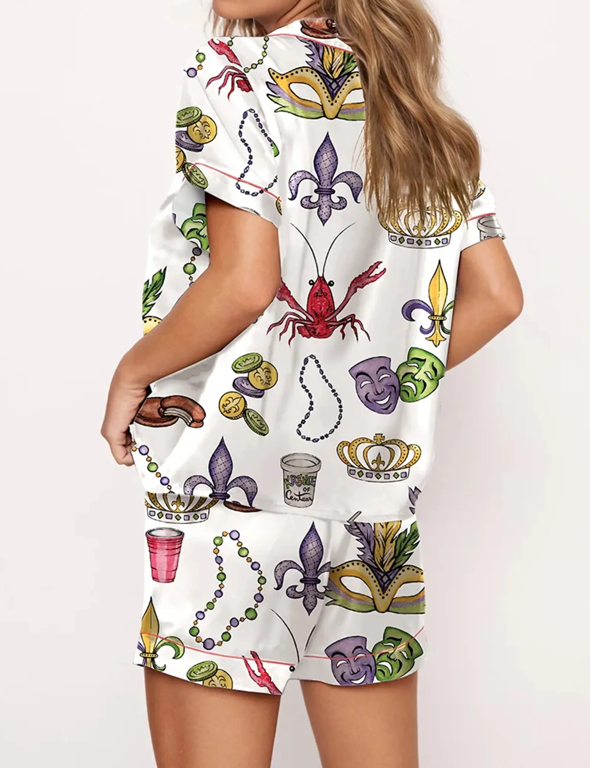 Mardi Gras Beads King Cake Crawfish Satin Pajama Set