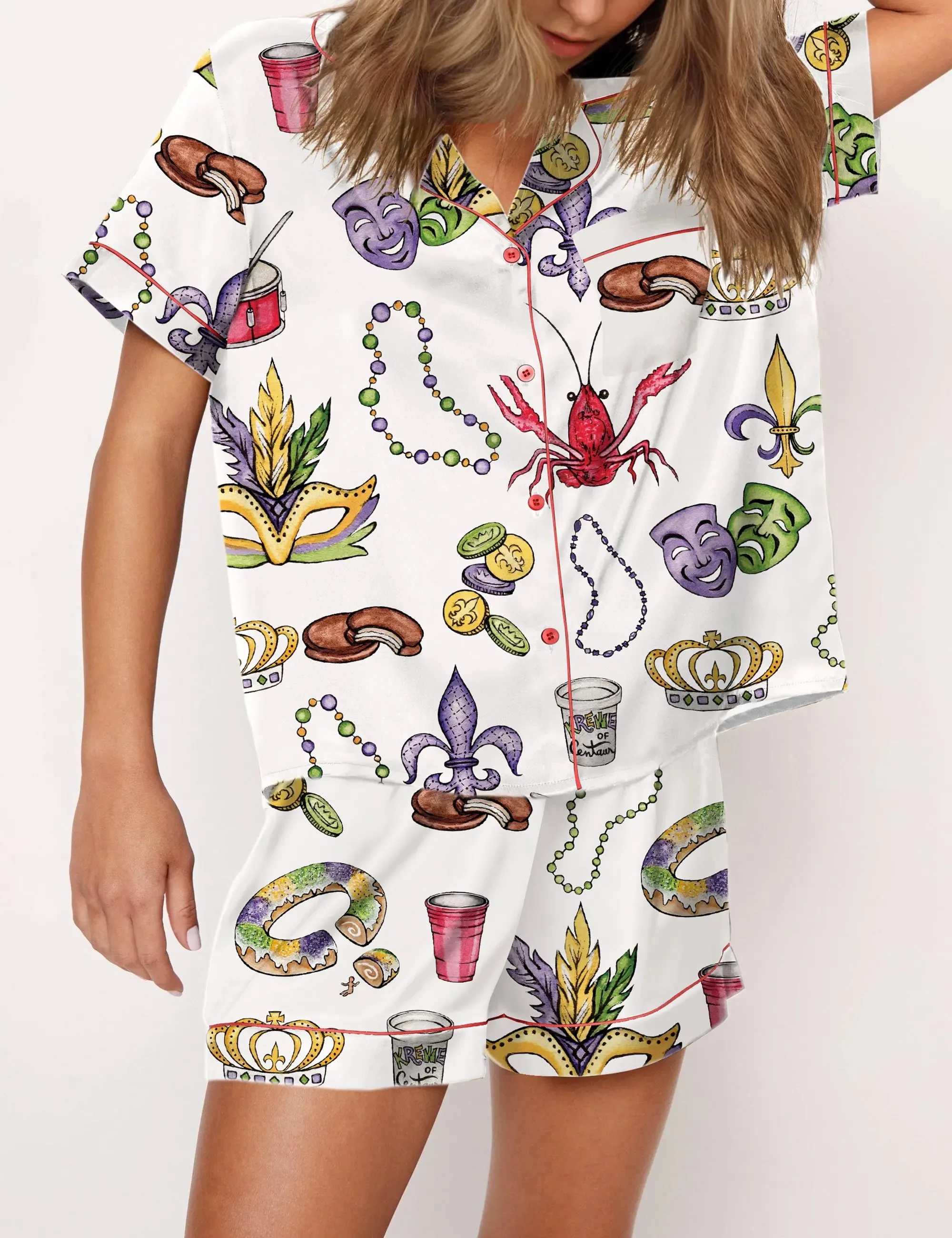 Mardi Gras Beads King Cake Crawfish Satin Pajama Set