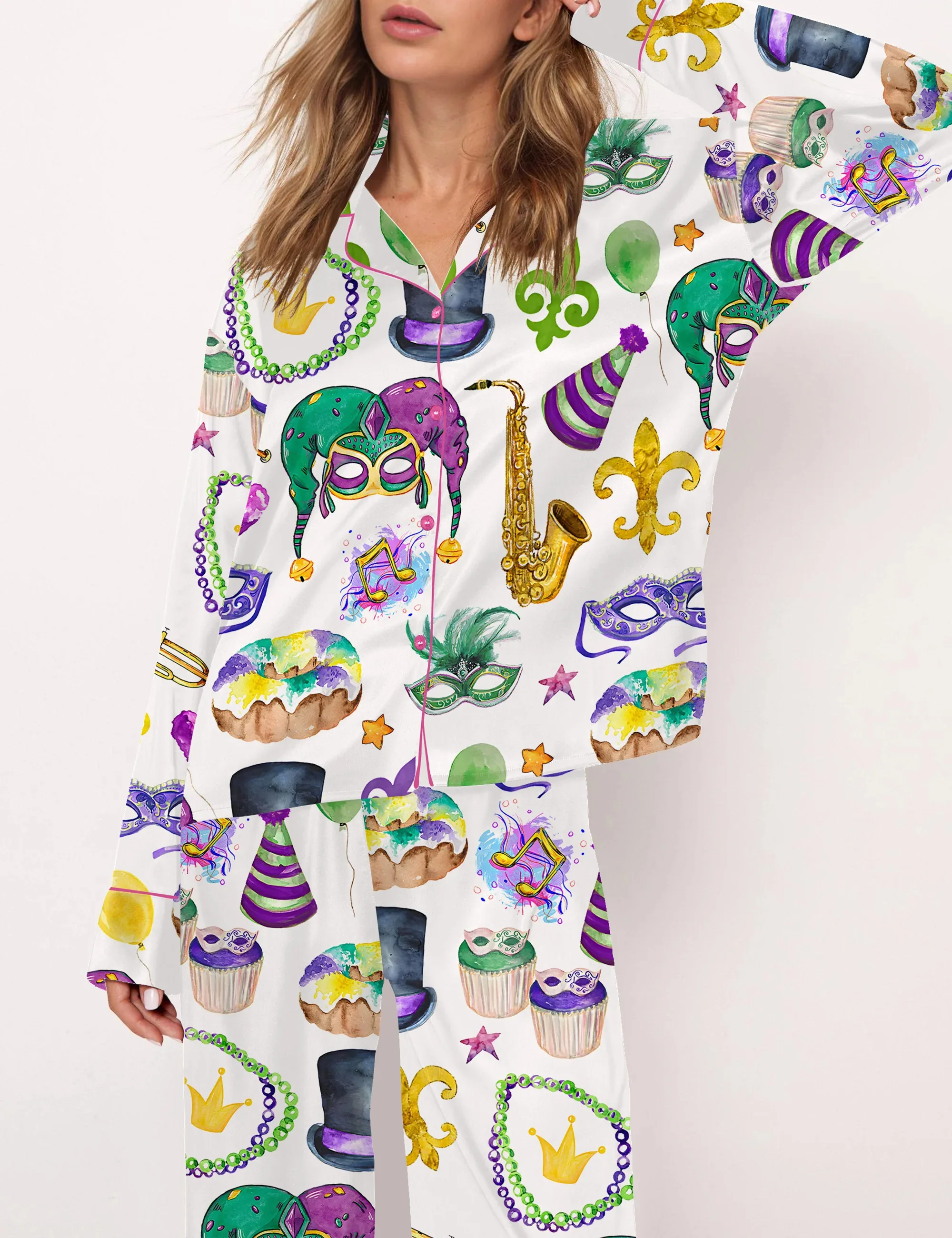 Mardi Gras Silk Satin Pajama Set For Women