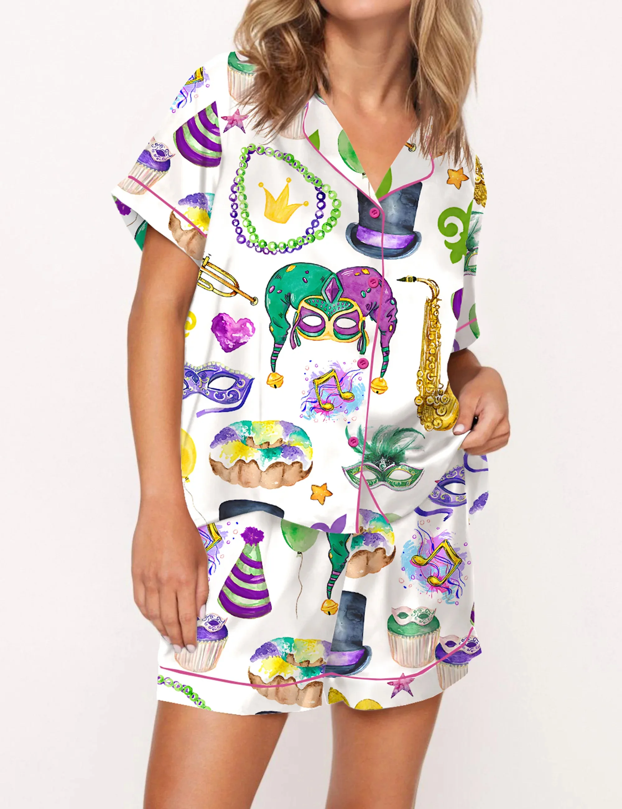 Mardi Gras Silk Satin Pajama Set For Women