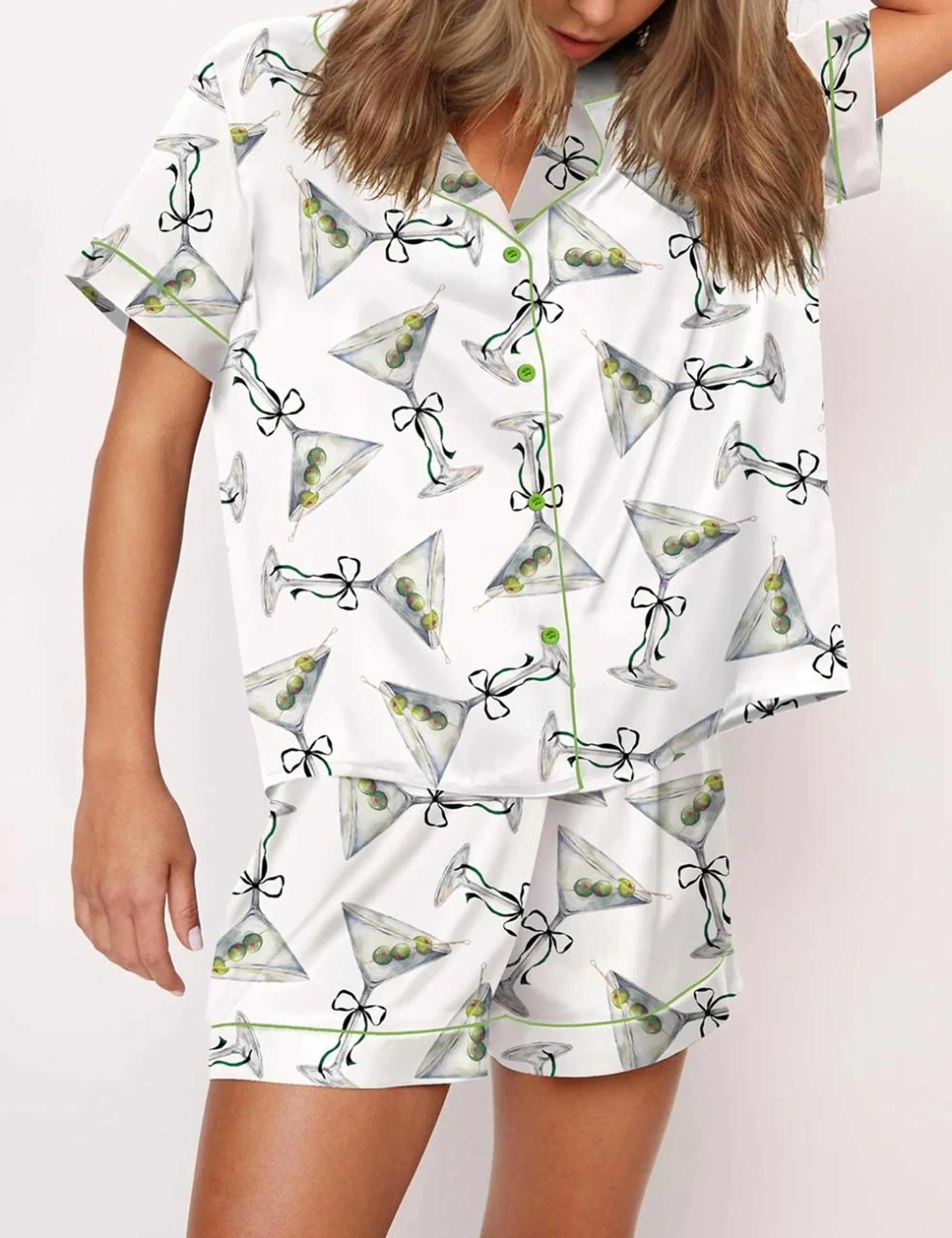 Martini Bow Silk Satin Pajama Set For Women