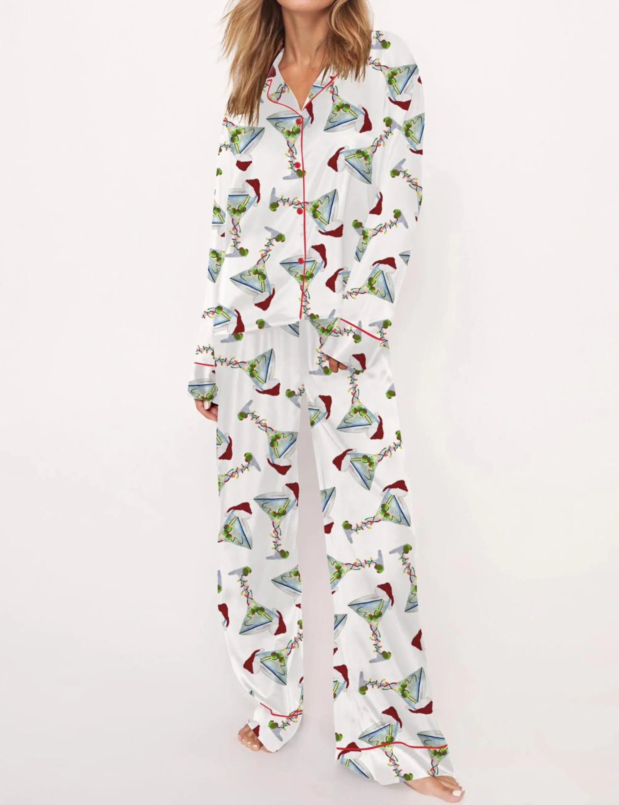 Martini Christmas Silk Satin Pajama Set For Women