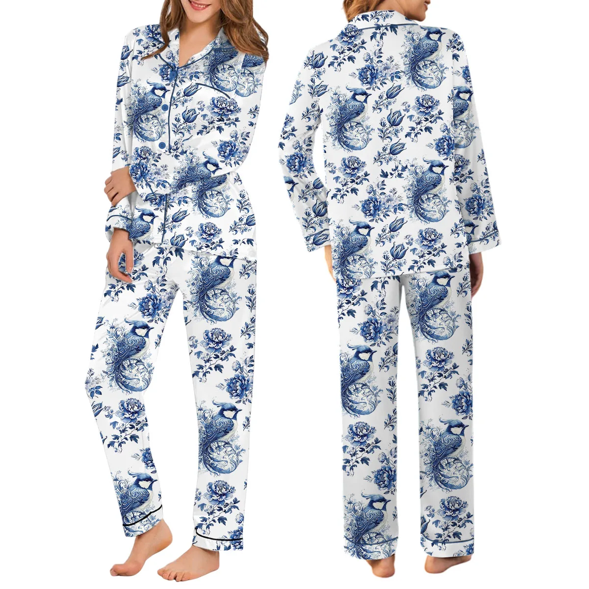 Chinoiserie Flower Clipart Watercolor Satin Pajamas Set