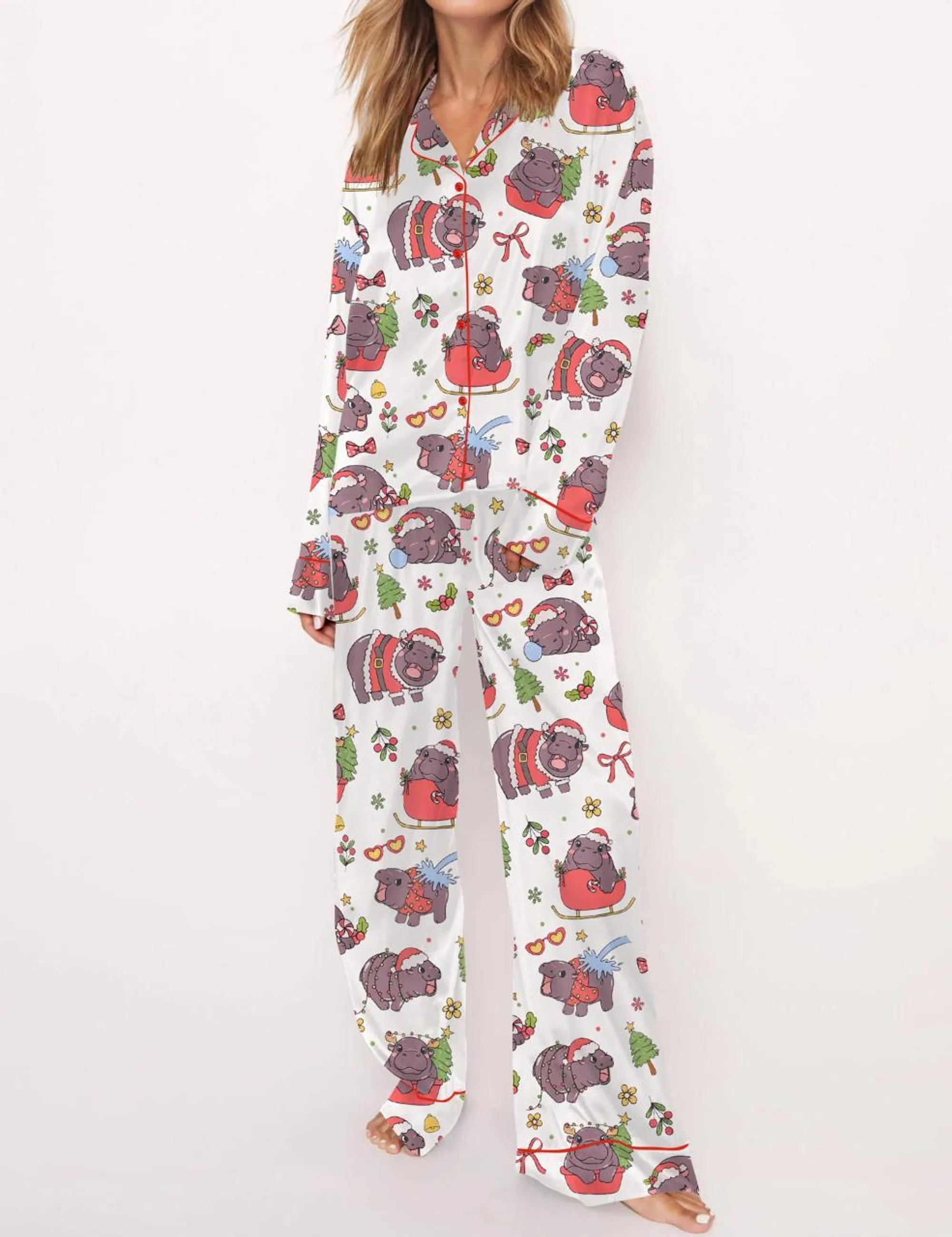 Moo Deng Christmas Silk Satin Pajama Set For Women