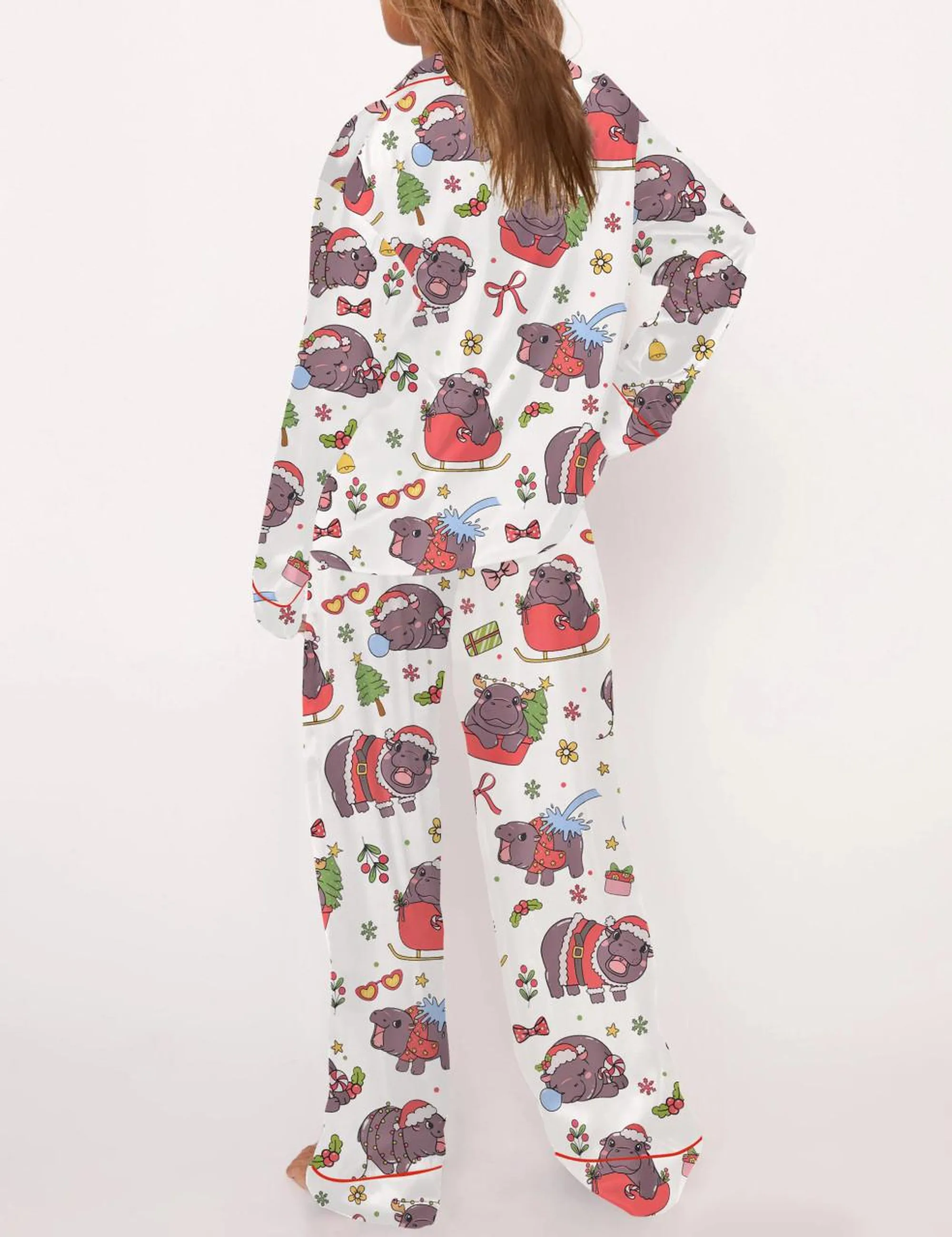 Moo Deng Christmas Silk Satin Pajama Set For Women