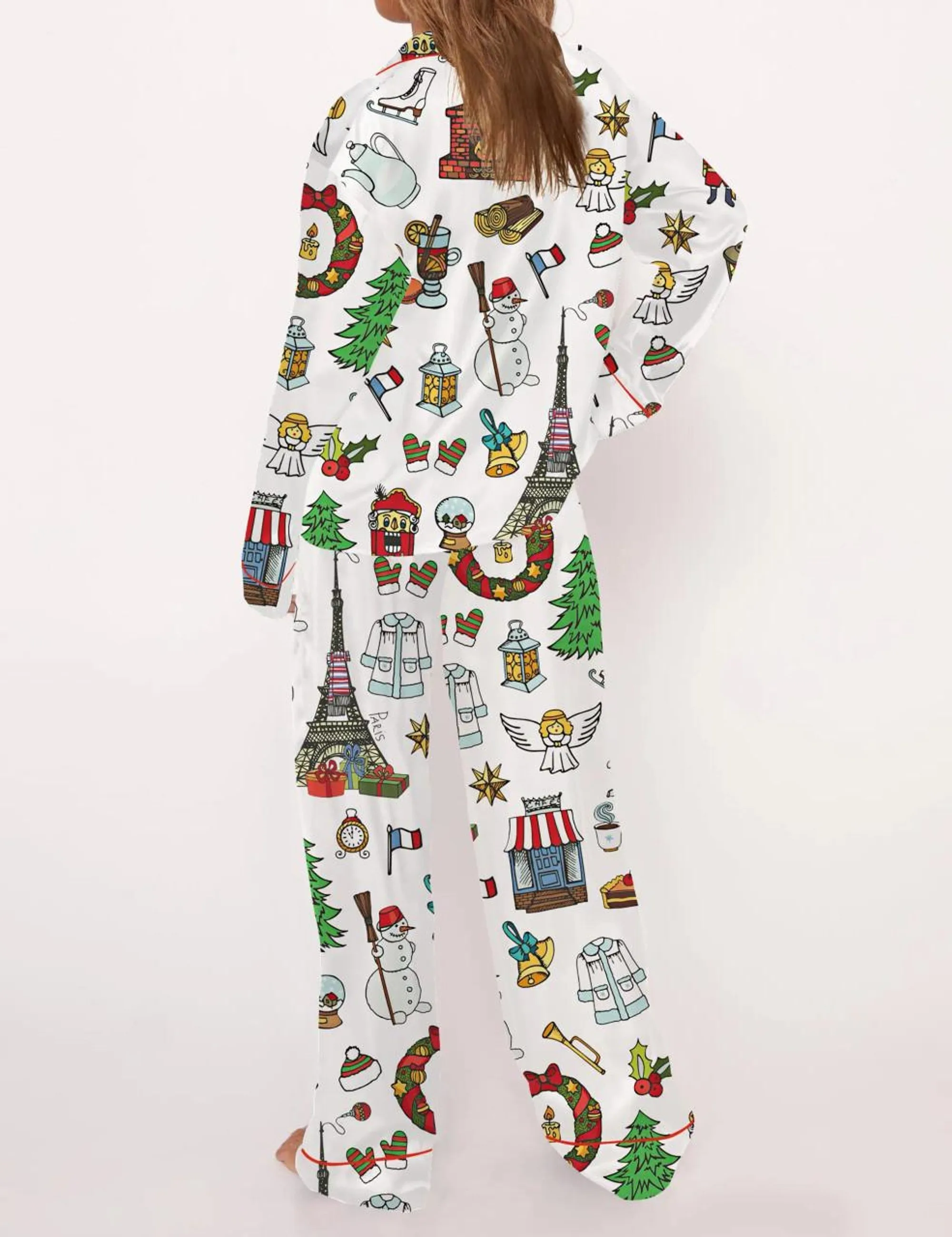 Paris Christmas Silk Satin Pajama Set For Women