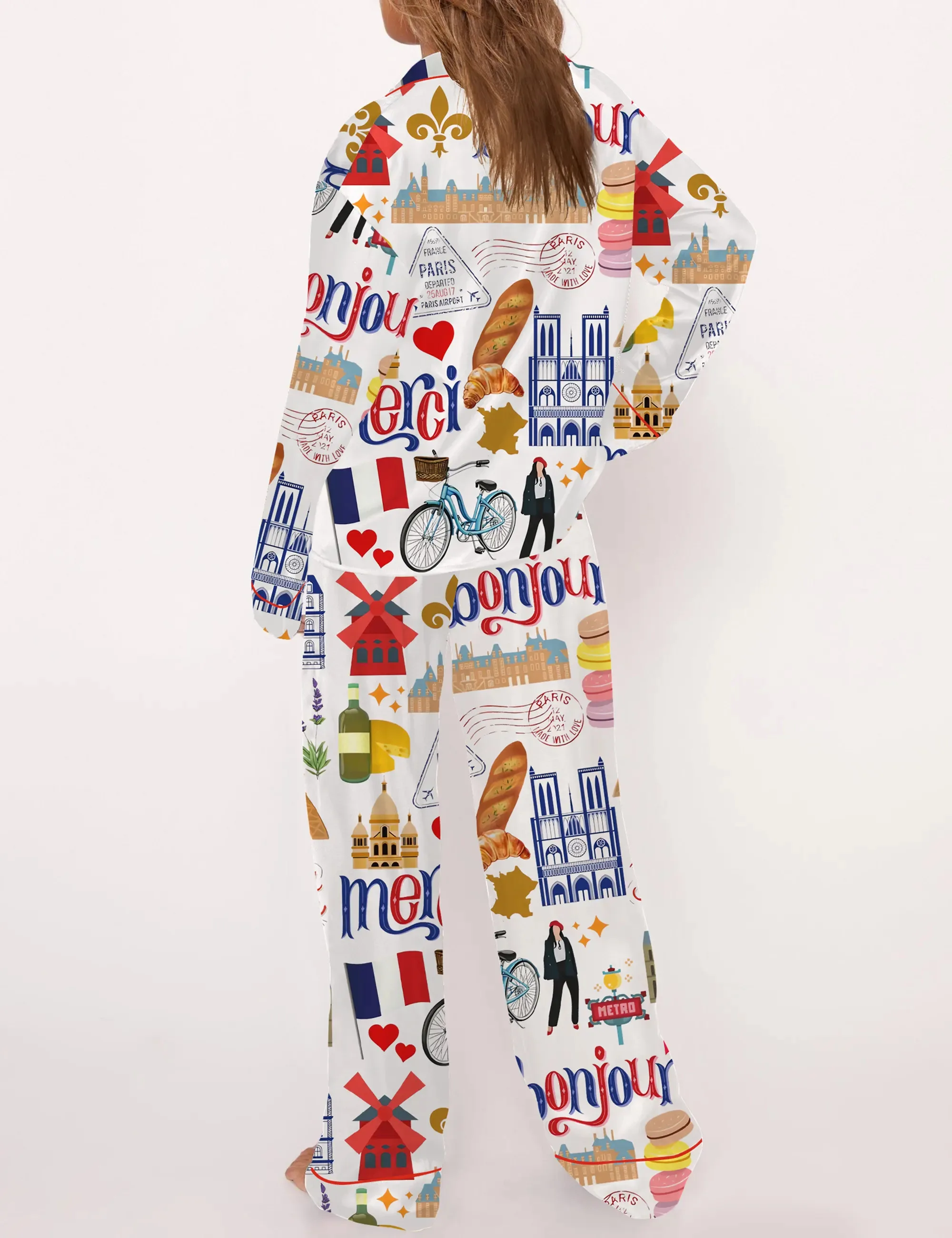 Paris Travel Silk Satin Pajama Set For Women