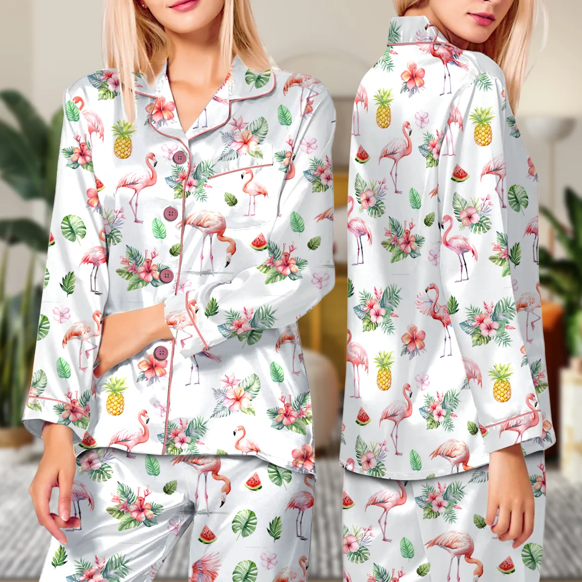 Pink Flamingo Satin Pajama Set For Women