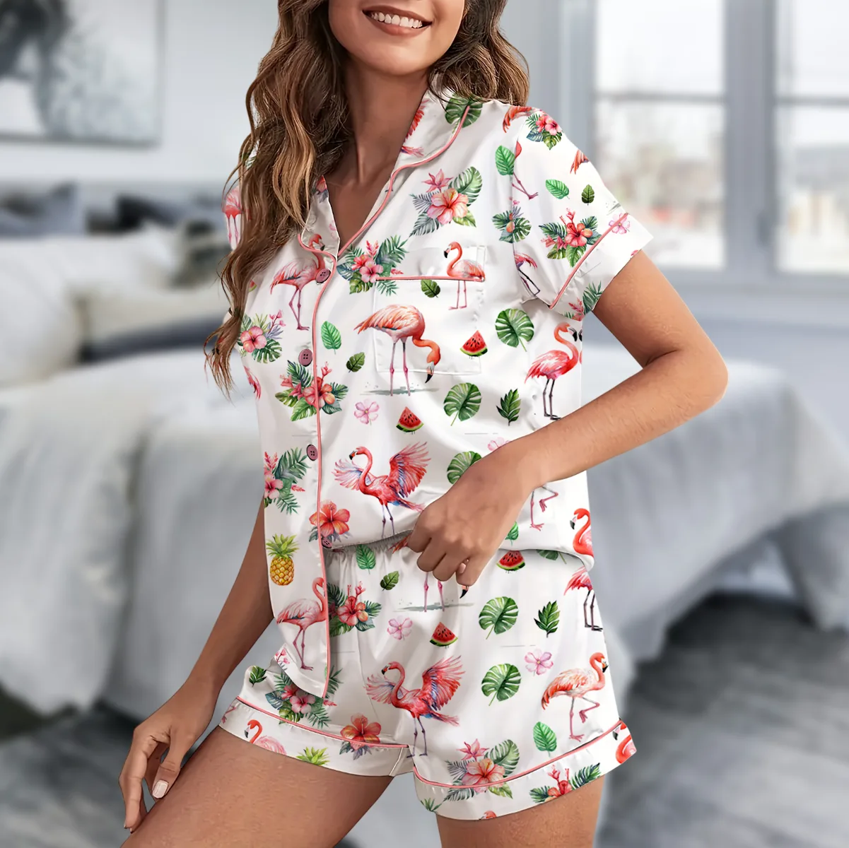 Pink Flamingo Satin Pajama Set For Women
