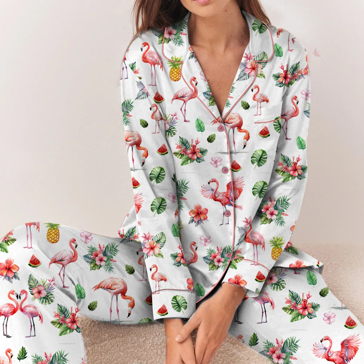 Pink Flamingo Satin Pajama Set For Women