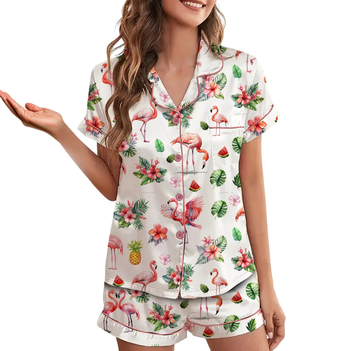 Pink Flamingo Satin Pajama Set For Women