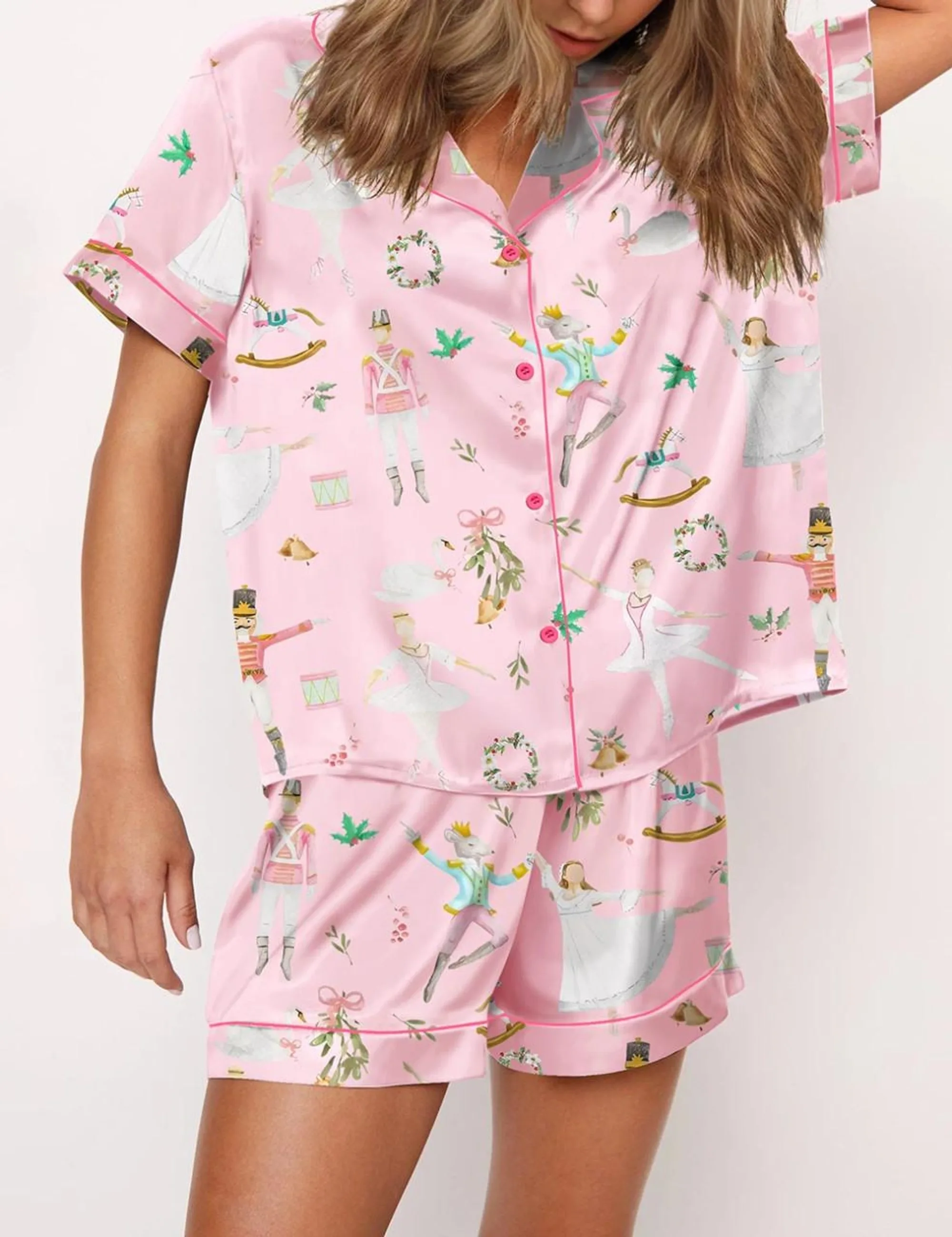 Pink Nutcracker Ballet Silk Satin Pajama Set