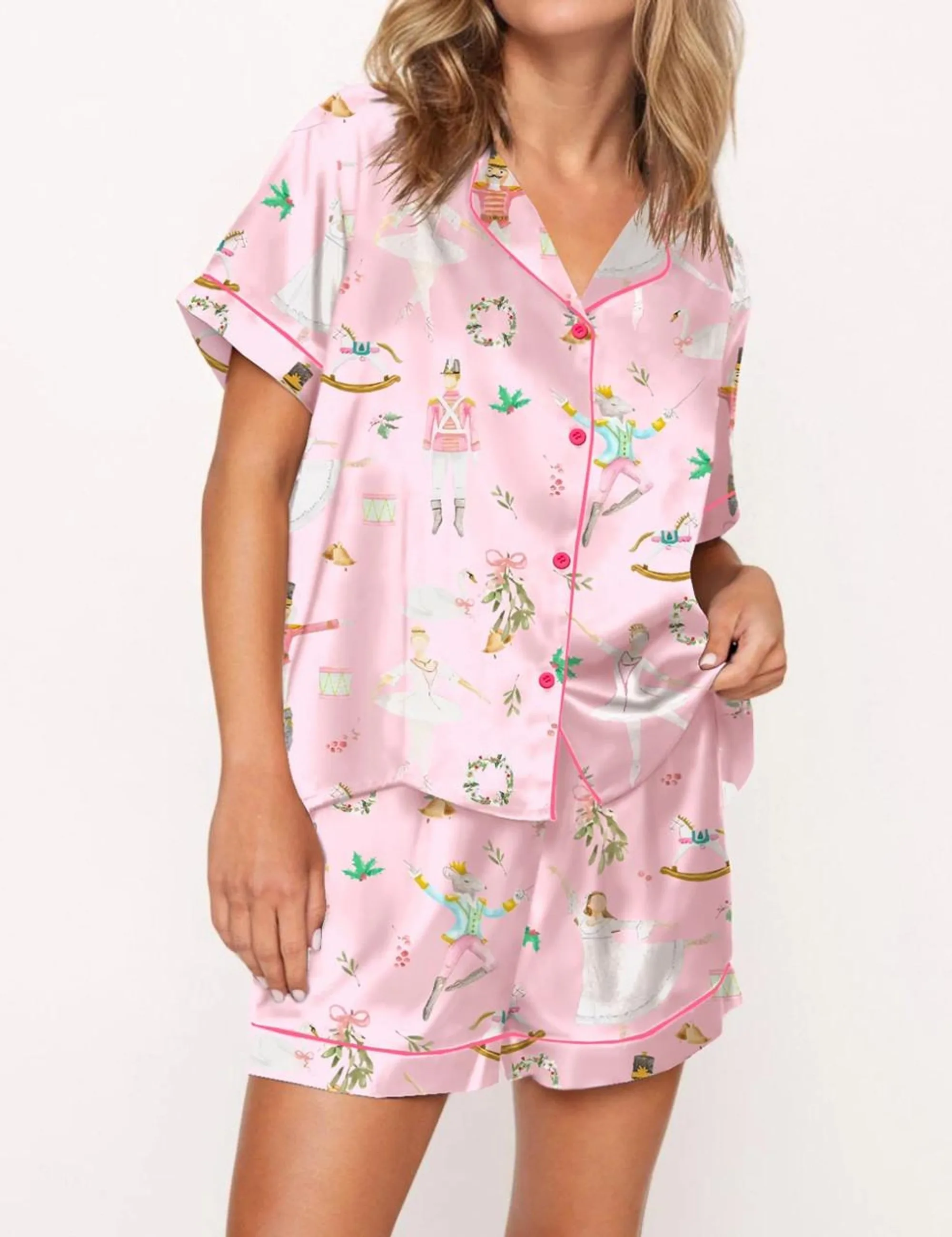 Pink Nutcracker Ballet Silk Satin Pajama Set