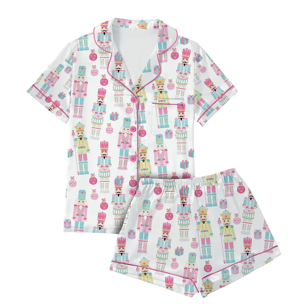 Pink Nutcracker Christmas Satin Pajama Set For Women
