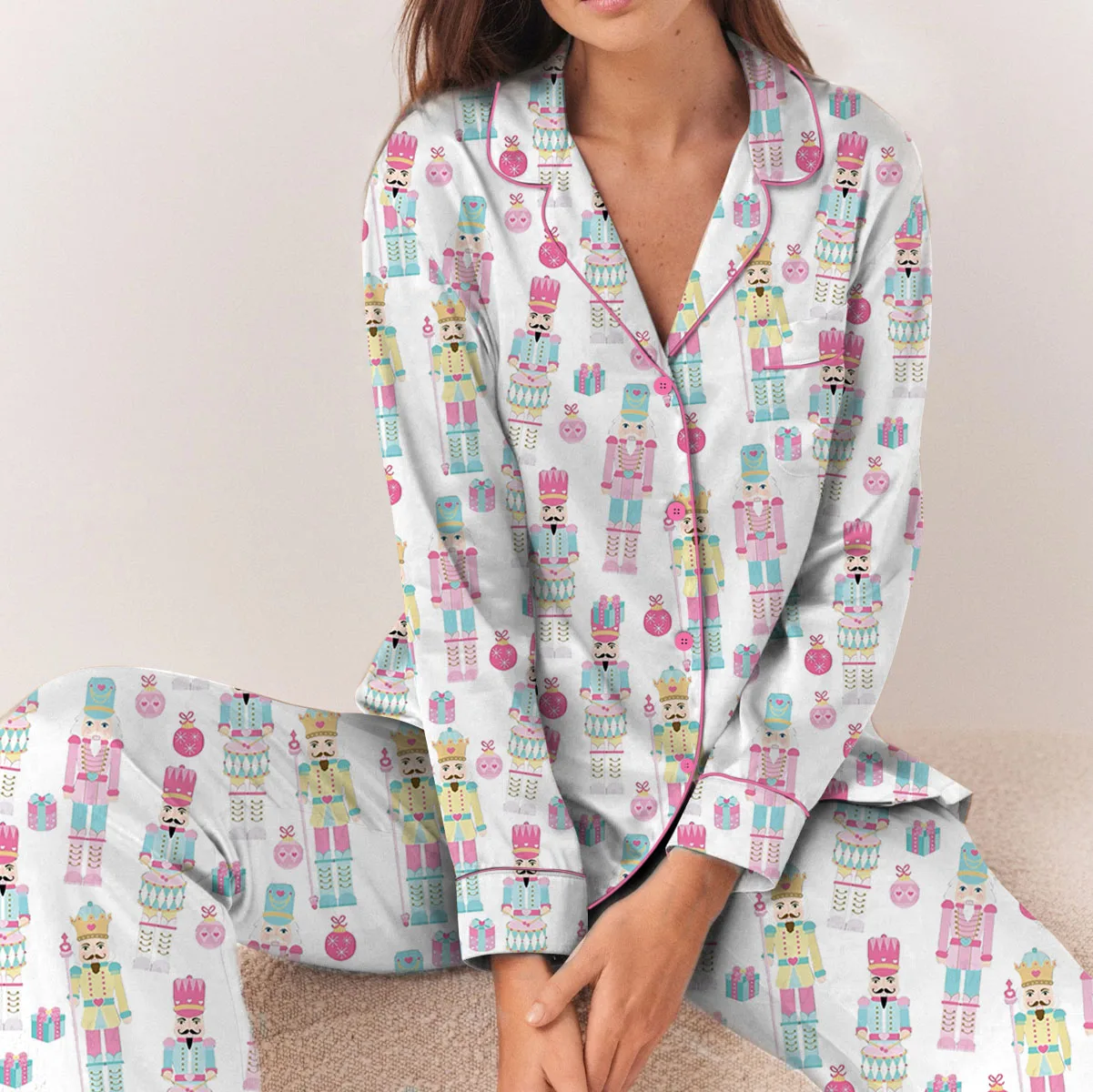 Pink Nutcracker Christmas Satin Pajama Set For Women