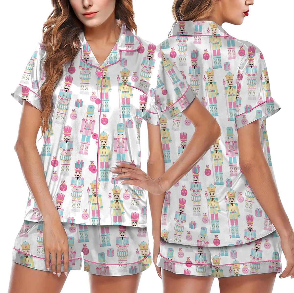 Pink Nutcracker Christmas Satin Pajama Set For Women