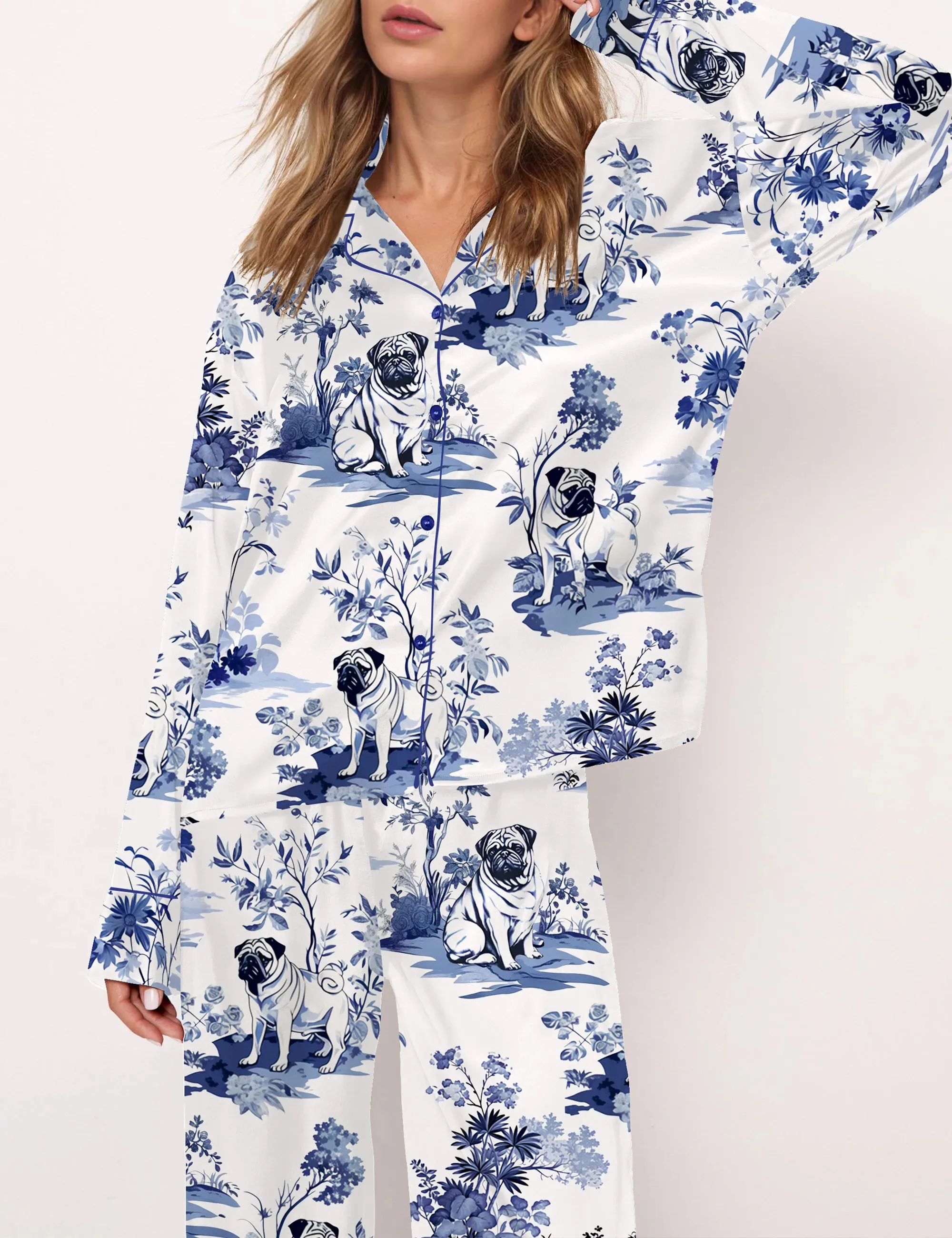 Pug Dog Silky Satin Pajama Set For Women