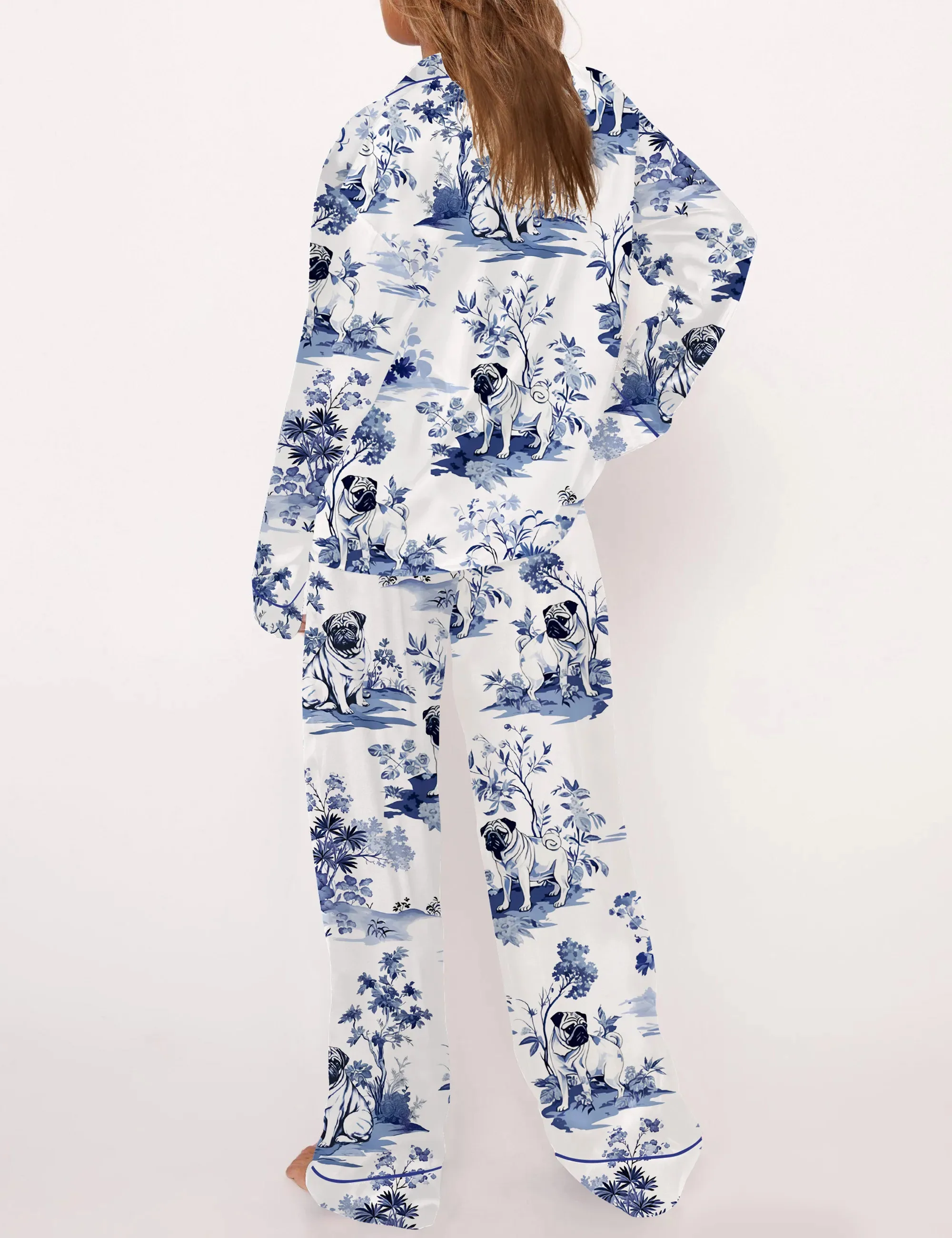 Pug Dog Silky Satin Pajama Set For Women