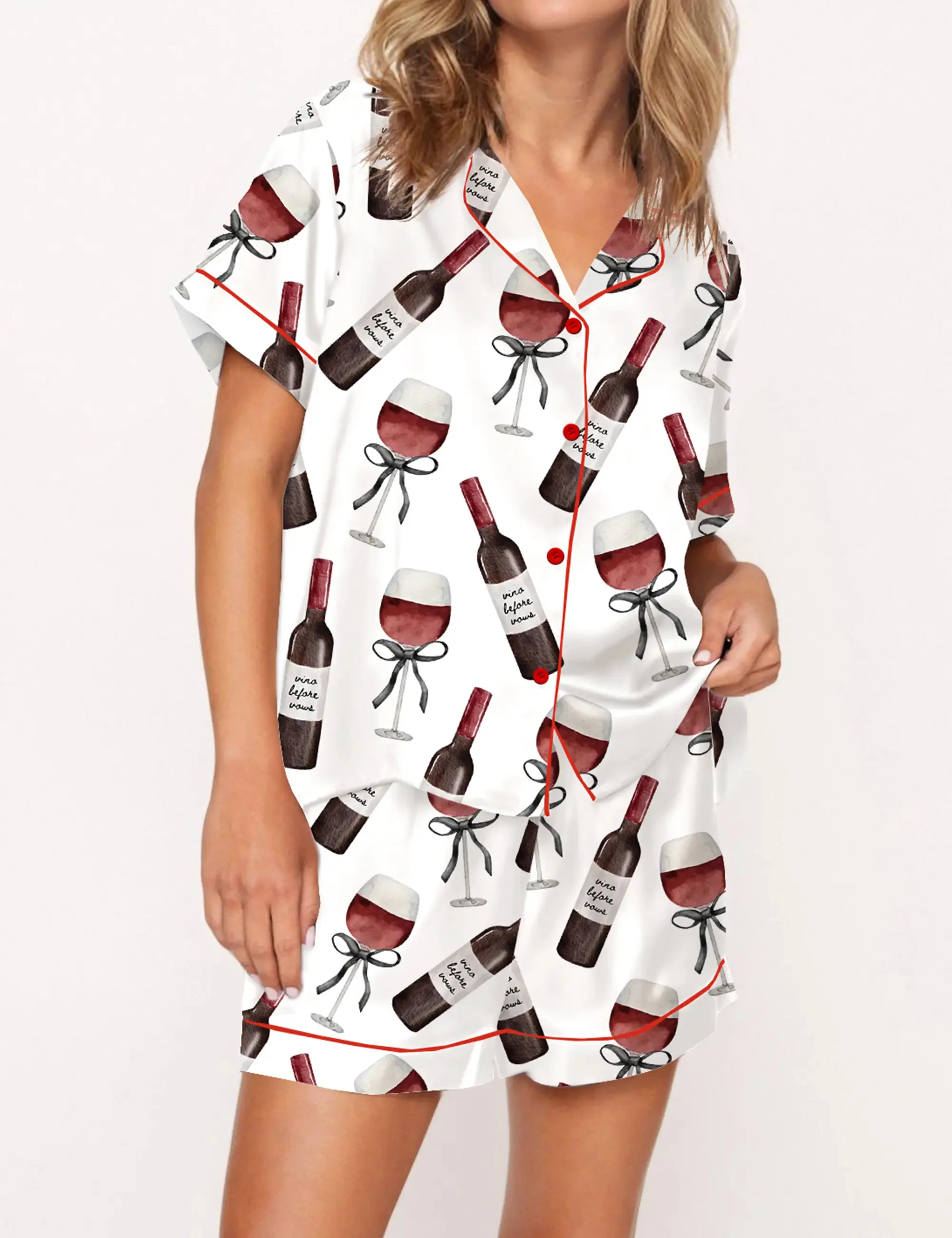 Red Wine Silk Satin Pajama Set For Women