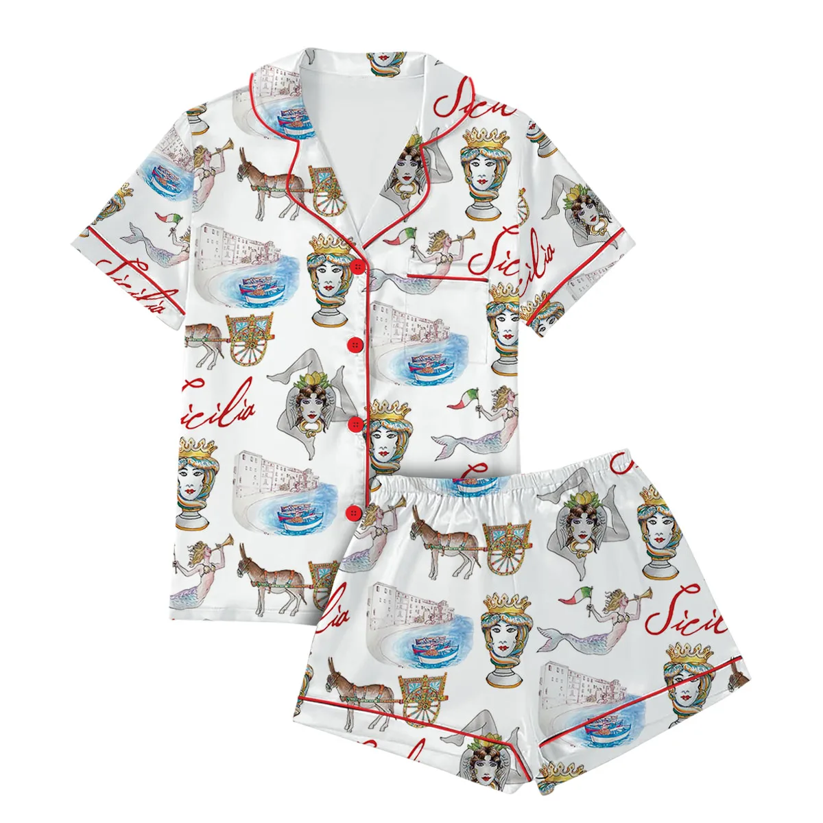 Sicily Italy Travel Silky Satin Pajama Set For Women